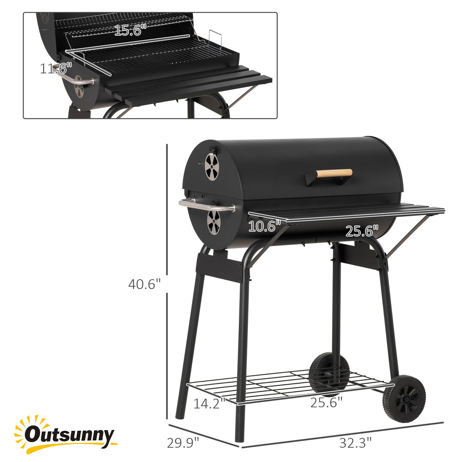 30" Portable Charcoal Barbecue Grill with Wheels Outdoor Barbecue with Adjustable Charcoal Rack, Storage Shelf, for Garden Camping Picnic