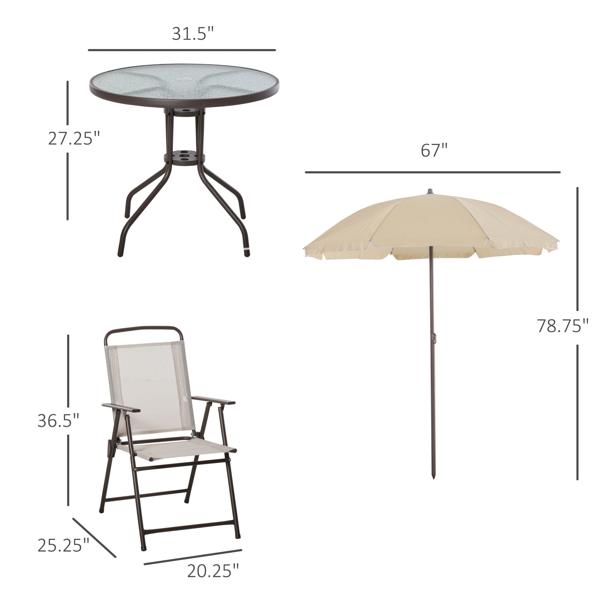 6 Piece Patio Dining Set for 4 with Umbrella, Outdoor Table and Chairs with 4 Folding Dining Chairs & Round Glass Table for Garden, Backyard and Poolside, Beige