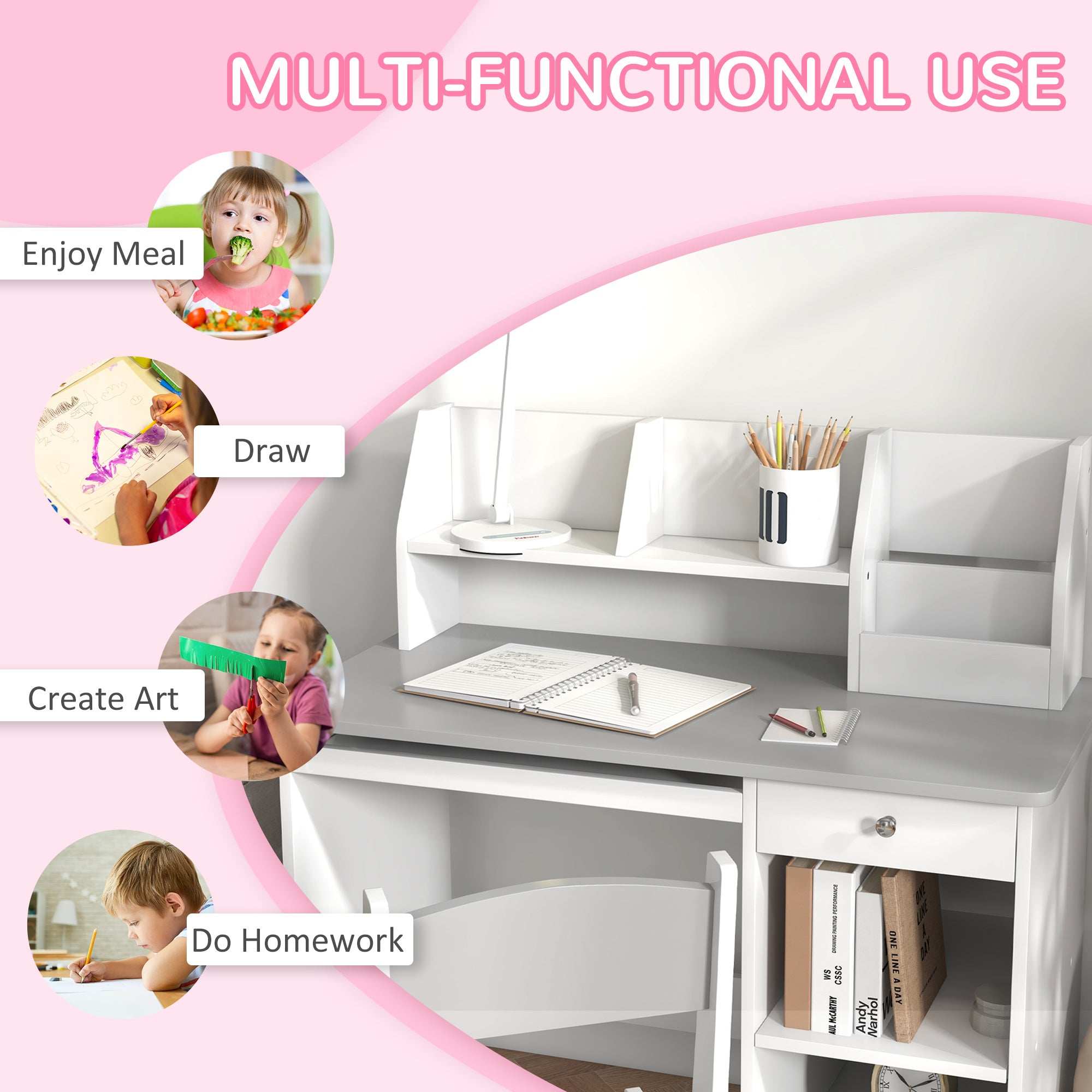 Kids Desk and Chair Set with Storage, Study Desk with Chair for Children 5-8 Years Old, Gray