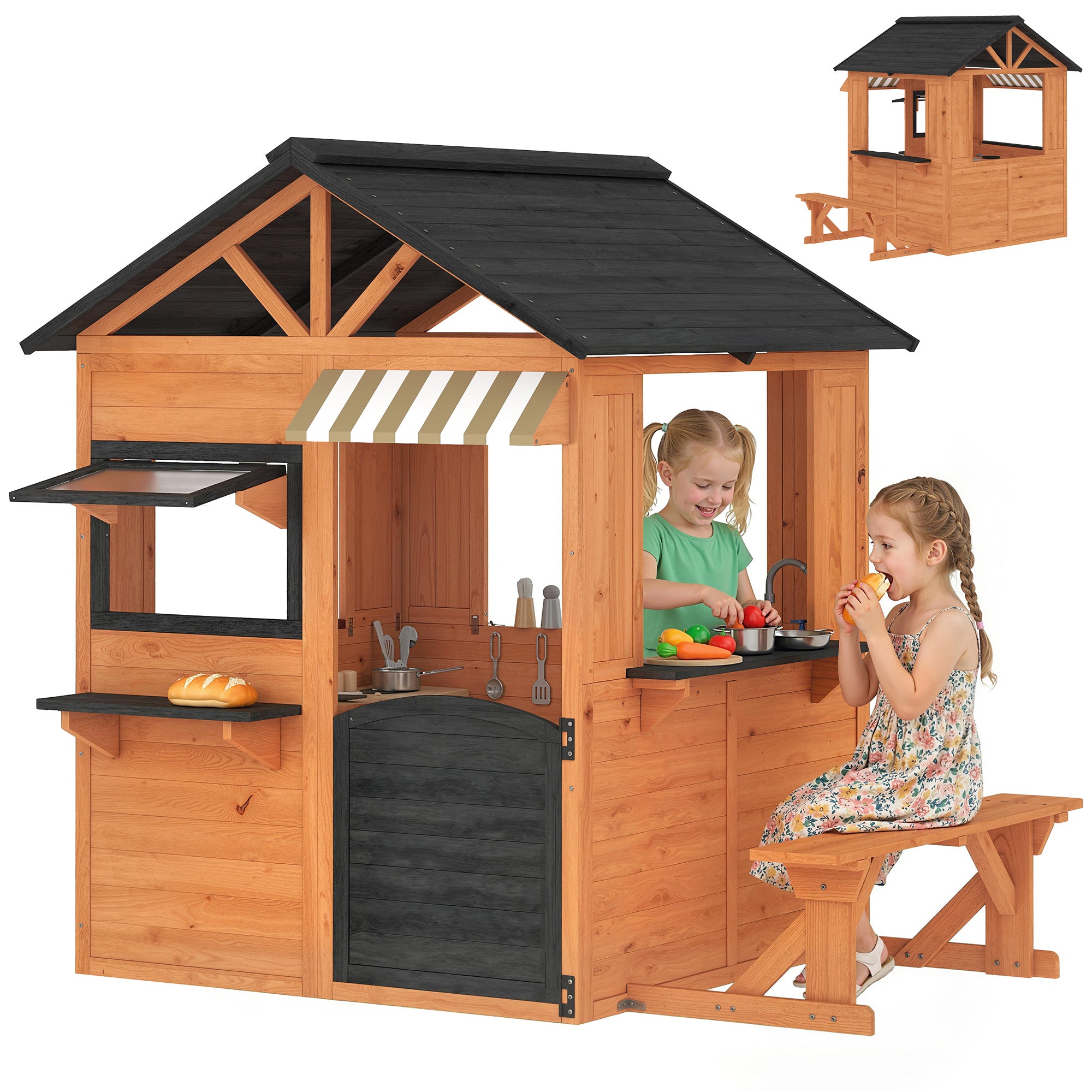 Wooden Kids Playhouse with Play Kitchen, Picnic Bench, Serving Station, Windows and Door for Backyard, Ages 3–8, Brown