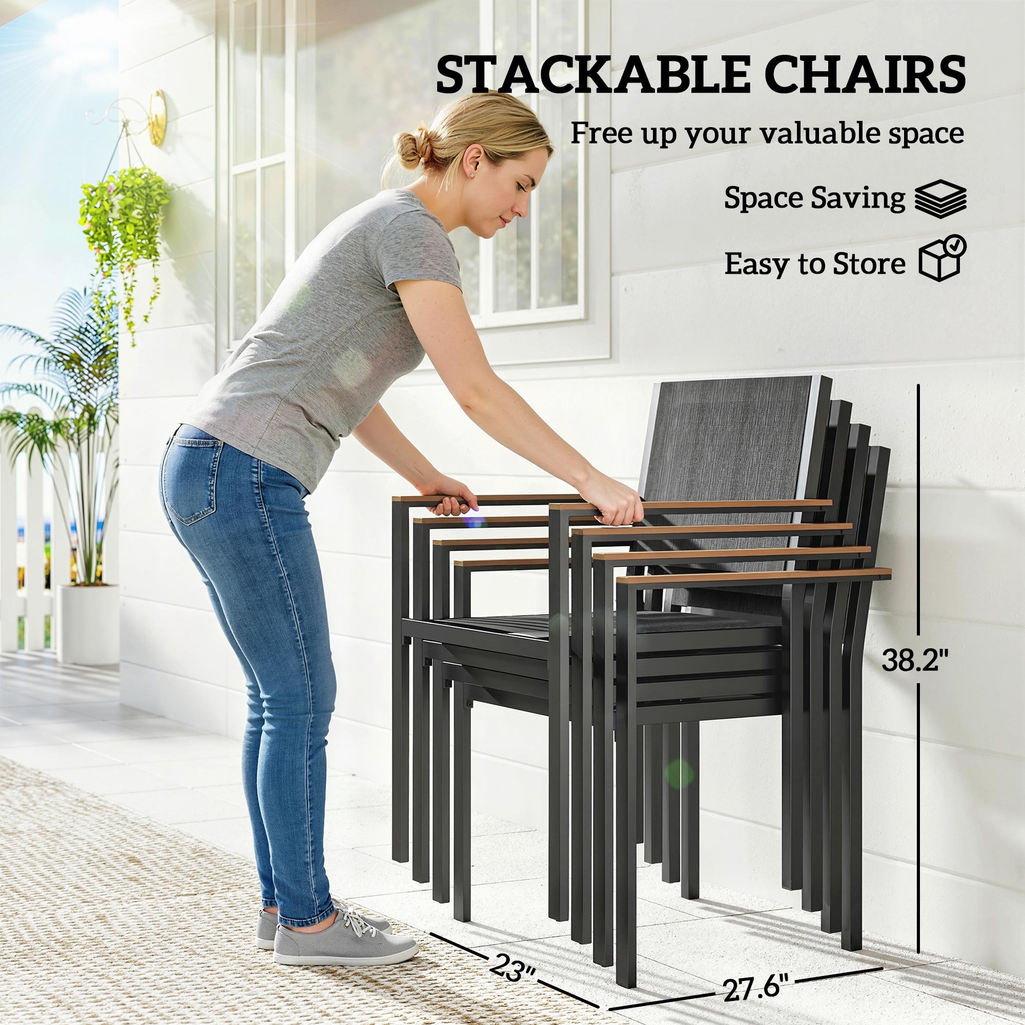 Outdoor Dining Set for 4, Patio Table and Chairs Set with 59" Rectangle Acacia Wood Table and 352 LBS Stackable Chairs