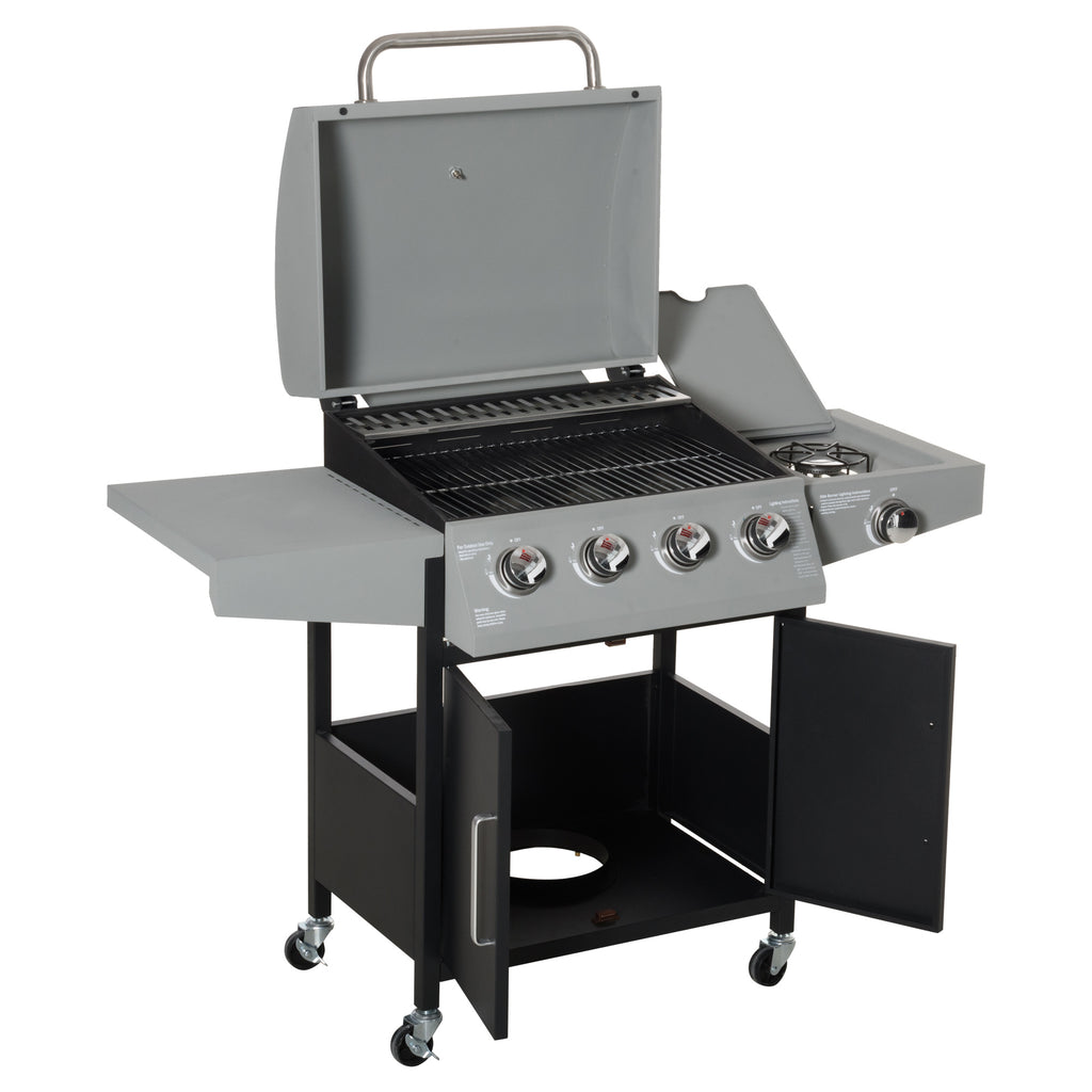 52" Barbecue Grill with Wheels 4+1 Burner Liquid Propane Gas Grill Outdoor Cabinet Style BBQ Trolley w/ Side Burner, Warming Rack, Storage Cabinet