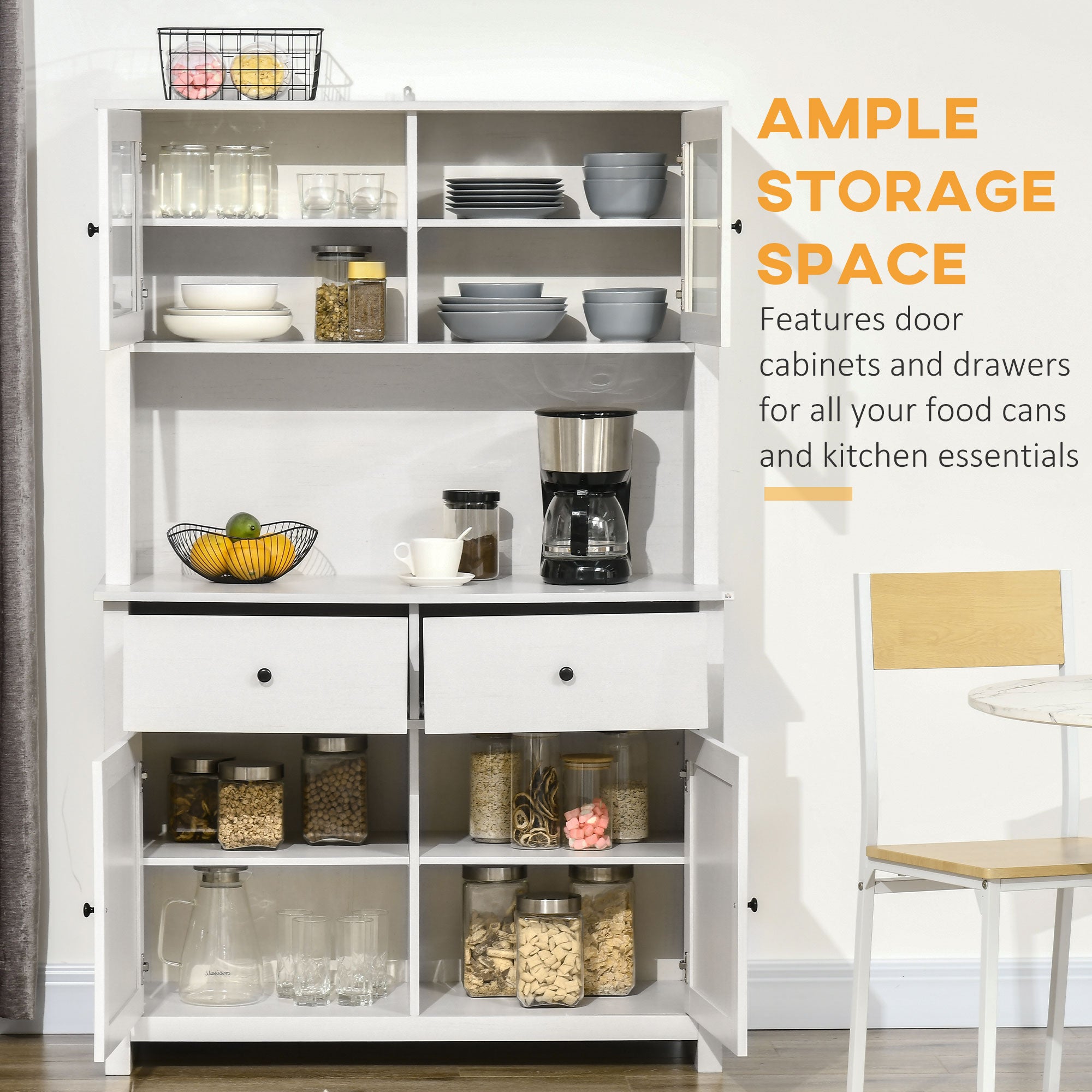 63.5" Kitchen Buffet with Hutch, Pantry Storage Cabinet with 4 Shelves, Drawers, Framed Glass Doors, Open Microwave Countertop, Antique White
