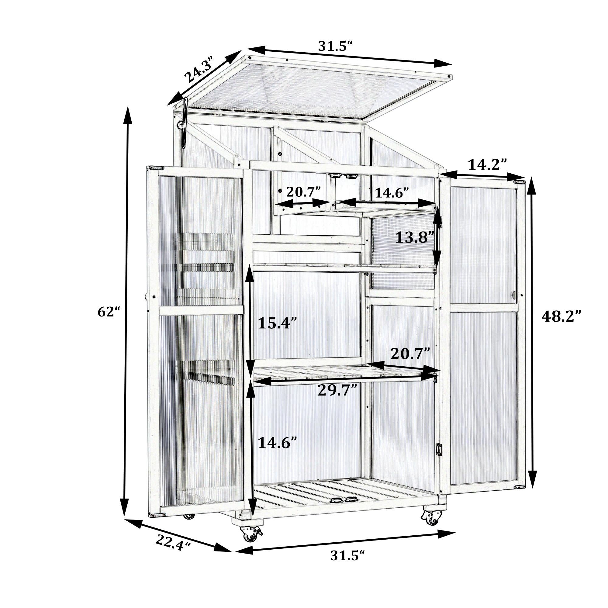 Portable Wood Greenhouse with Wheels & 3-Tier Shelf, Tall Cold Frame with Vented Roof for Balcony Garden, 31.5'' L x 22.5'' W x 62'' H, Black