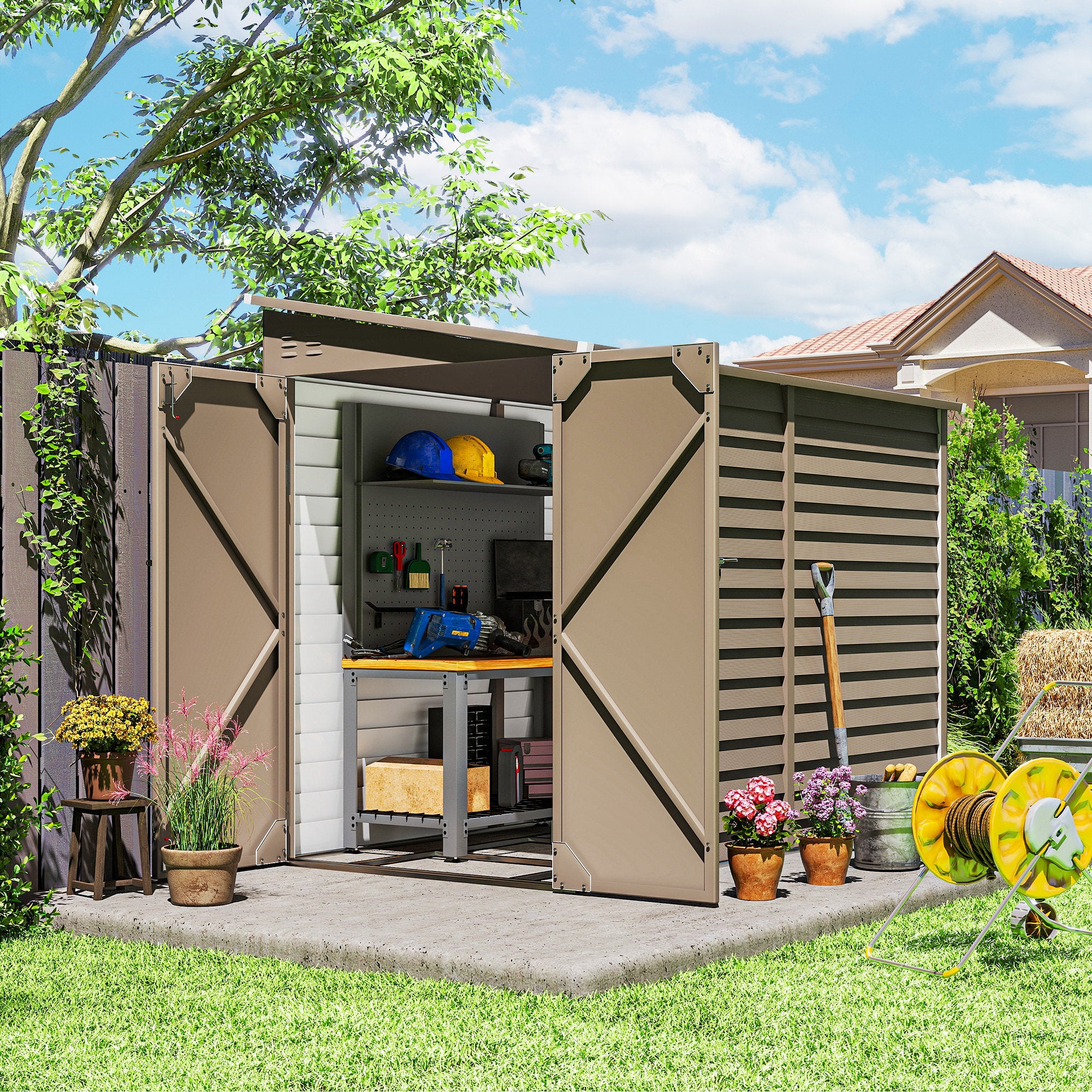 4.6' x 9' Outdoor Storage Shed, Lean to Metal Shed with Foundation Kit, Lockable Doors and Gloves for Patio, Lawn, Brown