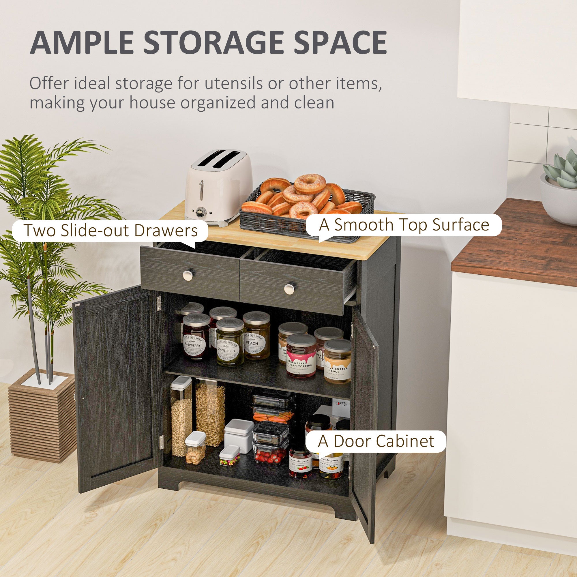 Kitchen Storage Cabinet, Sideboard Floor Cupboard with Solid Wood Top, Adjustable Shelf, and 2 Drawers, Distressed Black