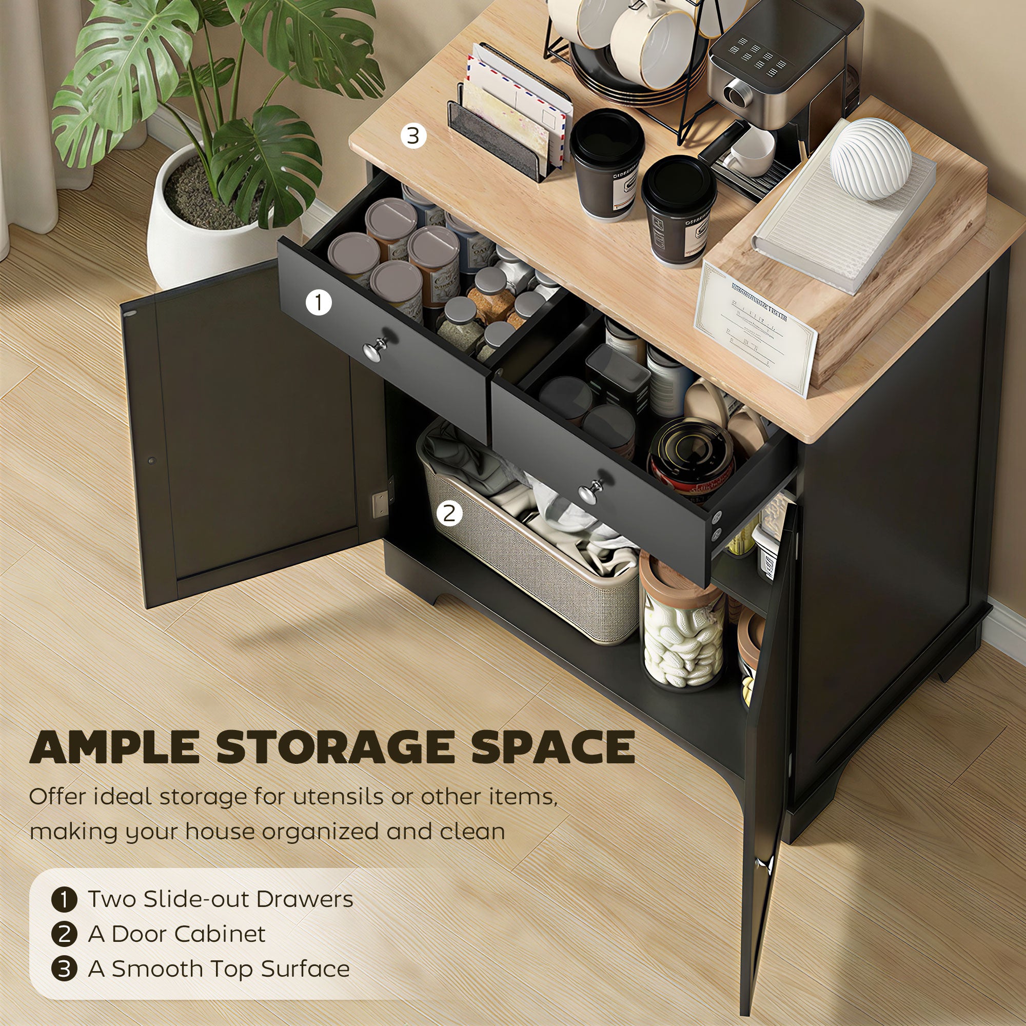 Kitchen Storage Cabinet, Sideboard Floor Cupboard with Solid Wood Top, Adjustable Shelf, and 2 Drawers, Black