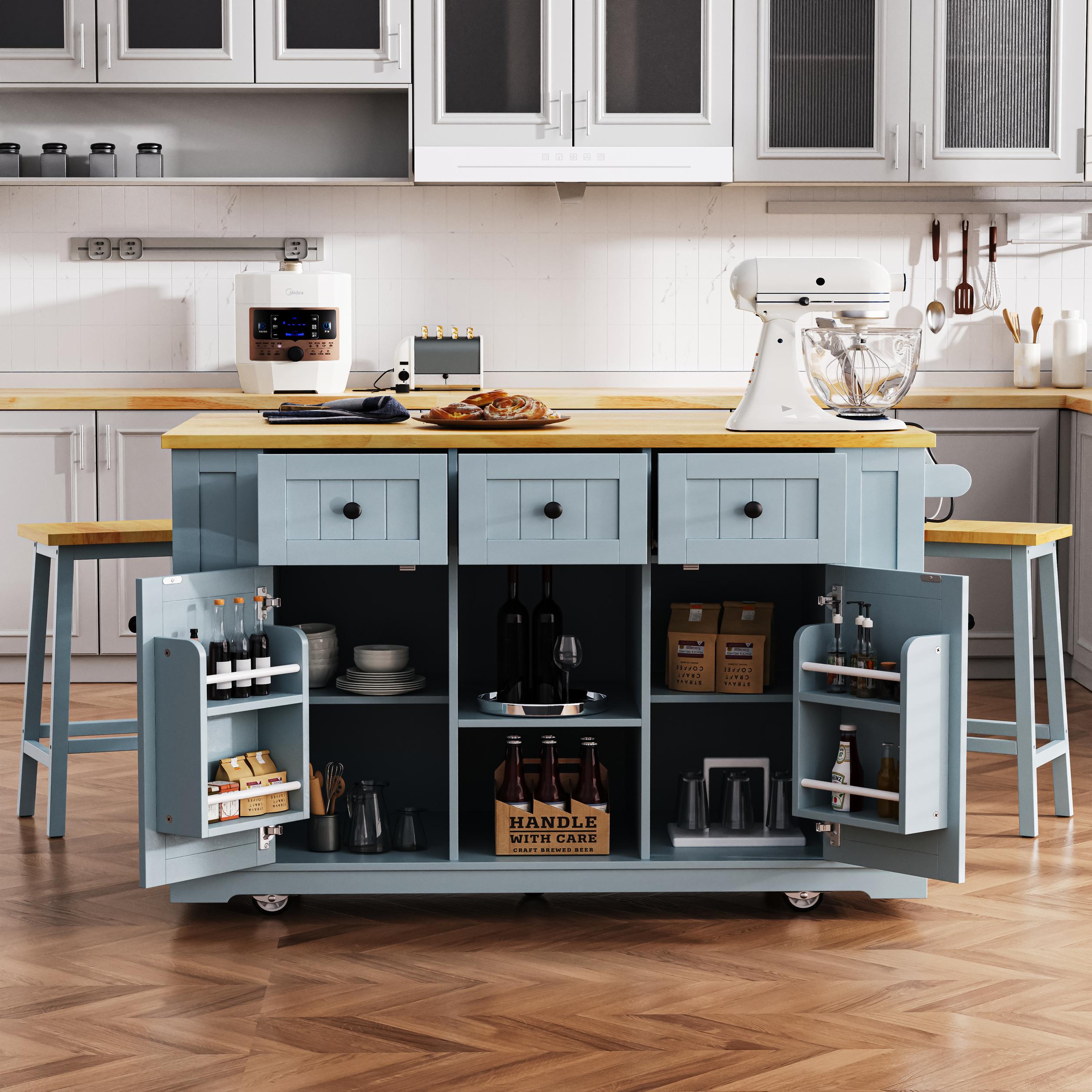 Kitchen Island Cart with Drop Leaf, Power Outlet, Internal Storage Rack, Rolling on 5 Wheels, Adjustable Shelves, and Bamboo Sticks, Gray+Blue