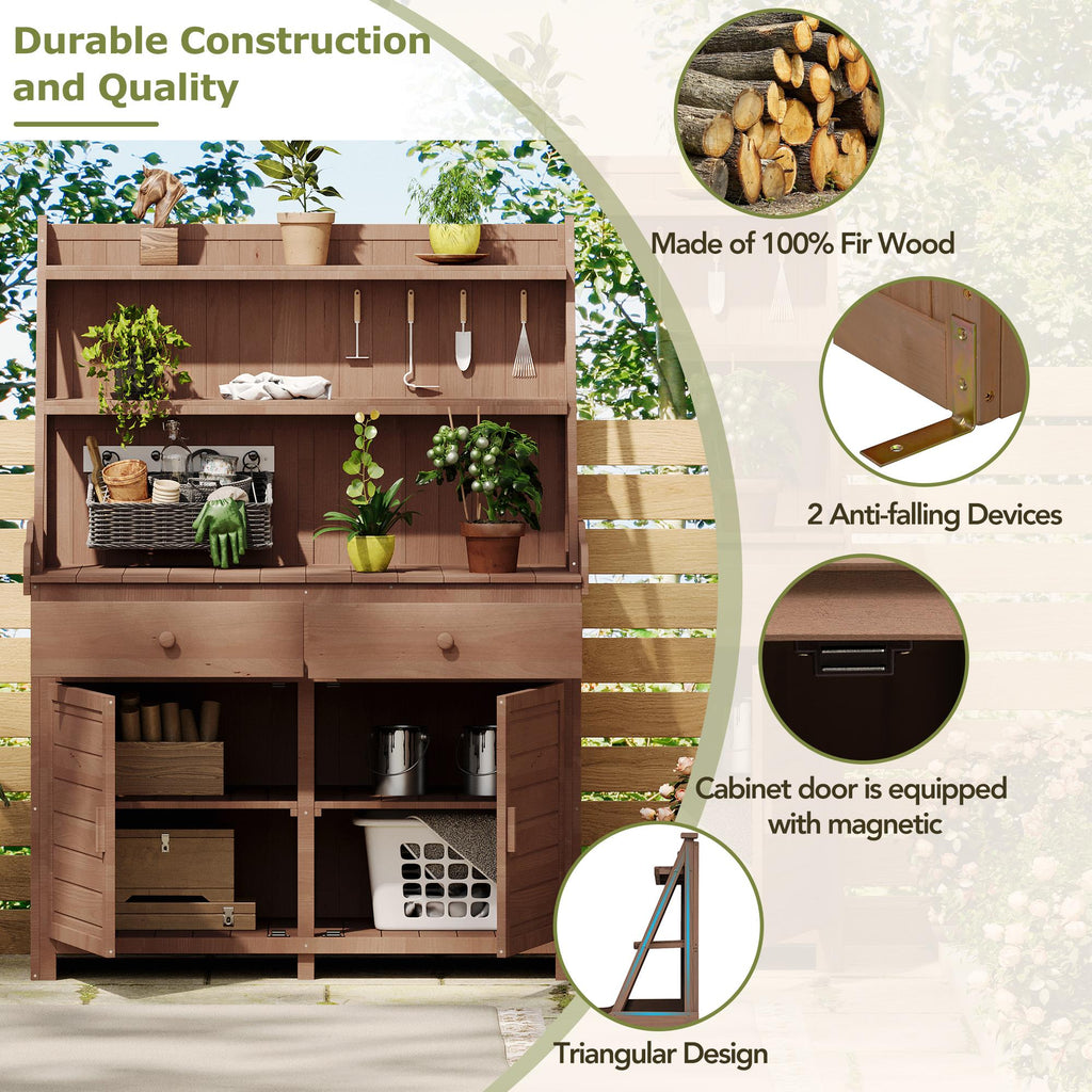 Garden Potting Bench Table with Cabinet, Drawer & Shelf, Fir Wood Outdoor Workstation for Garden & Patio, 47'' L x 23'' W x 65'' H, Brown