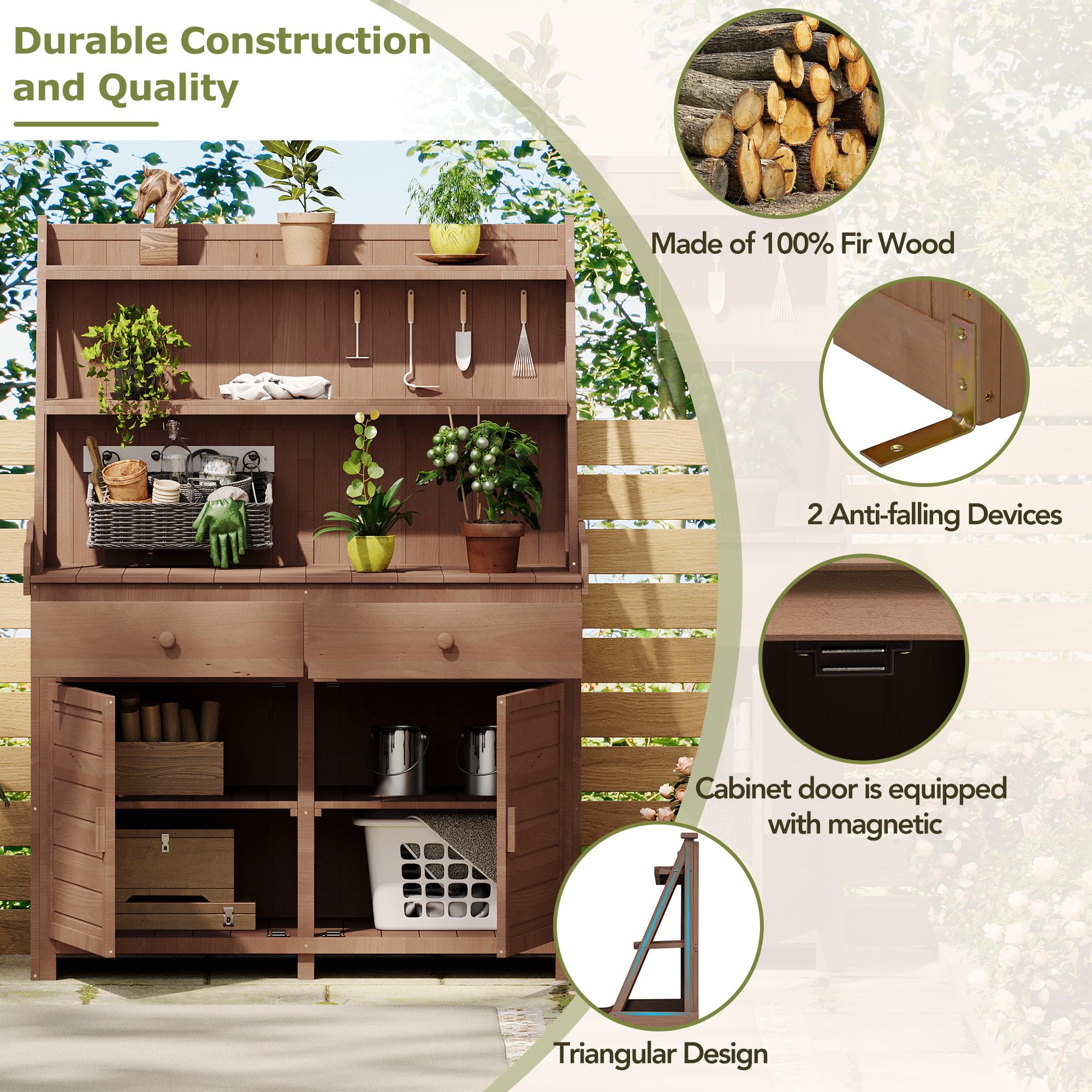 Garden Potting Bench Table with Cabinet, Drawer & Shelf, Fir Wood Outdoor Workstation for Garden & Patio, 47'' L x 23'' W x 65'' H, Brown