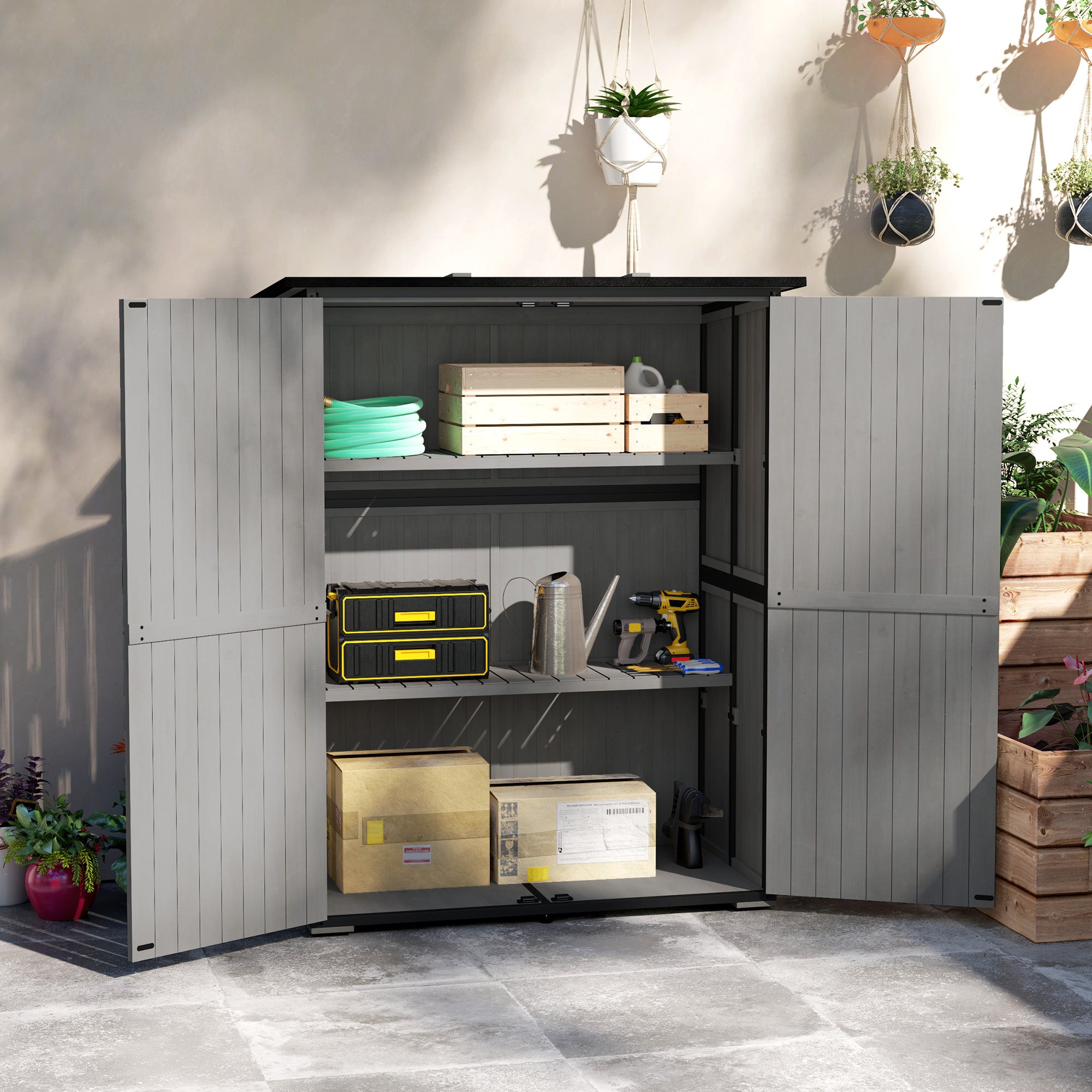 Wood Storage Shed, Outdoor Garden Shed with Asphalt Roof, 2 Shelves, Lockable Doors and Adjustable Feet, Gray