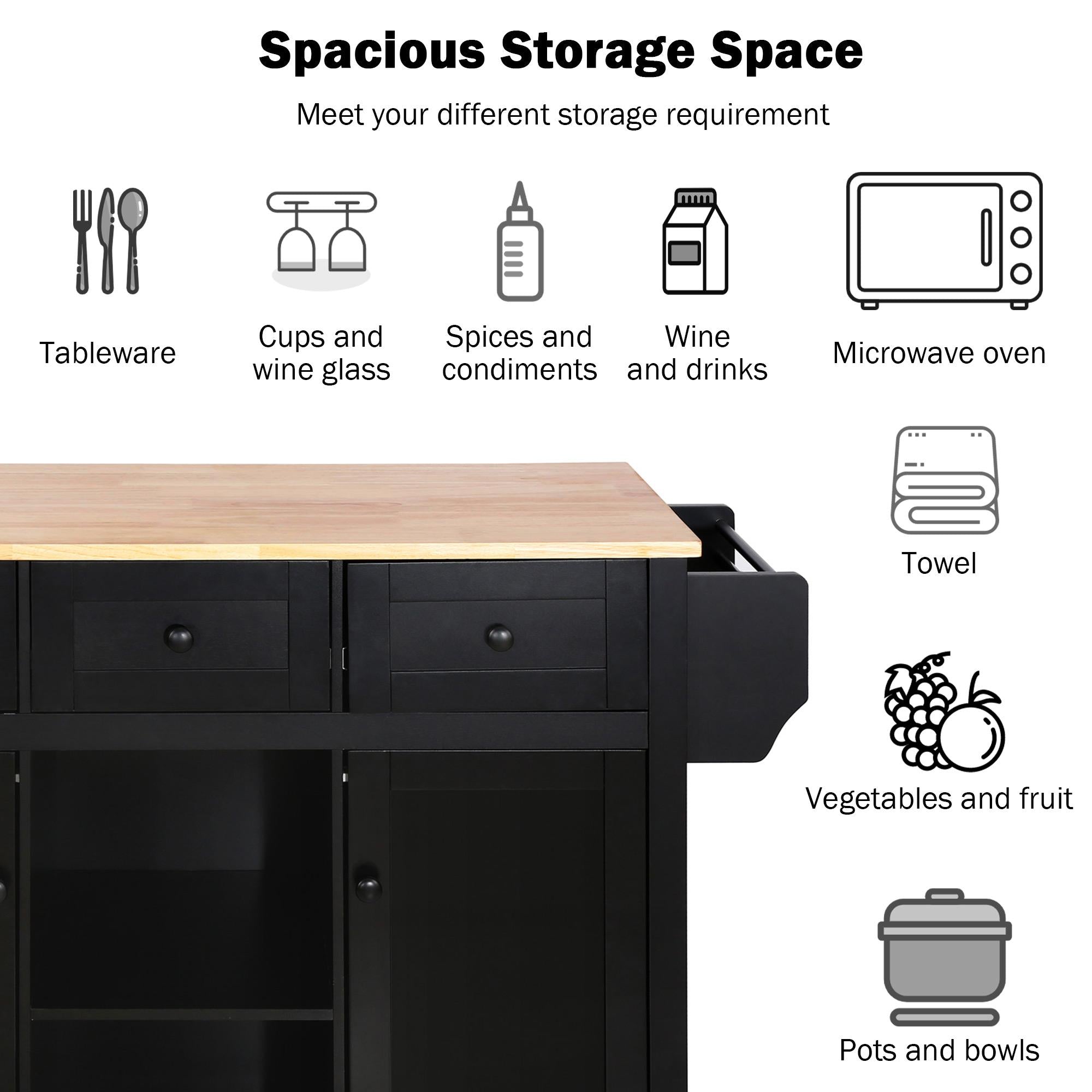 Kitchen Cart with 5 Wheels, 3 Drawers, Storage Cabinets, Central Island with Rubberwood Drop-Leaf Countertop, 53" L x 29.5" W x 37" H, Black