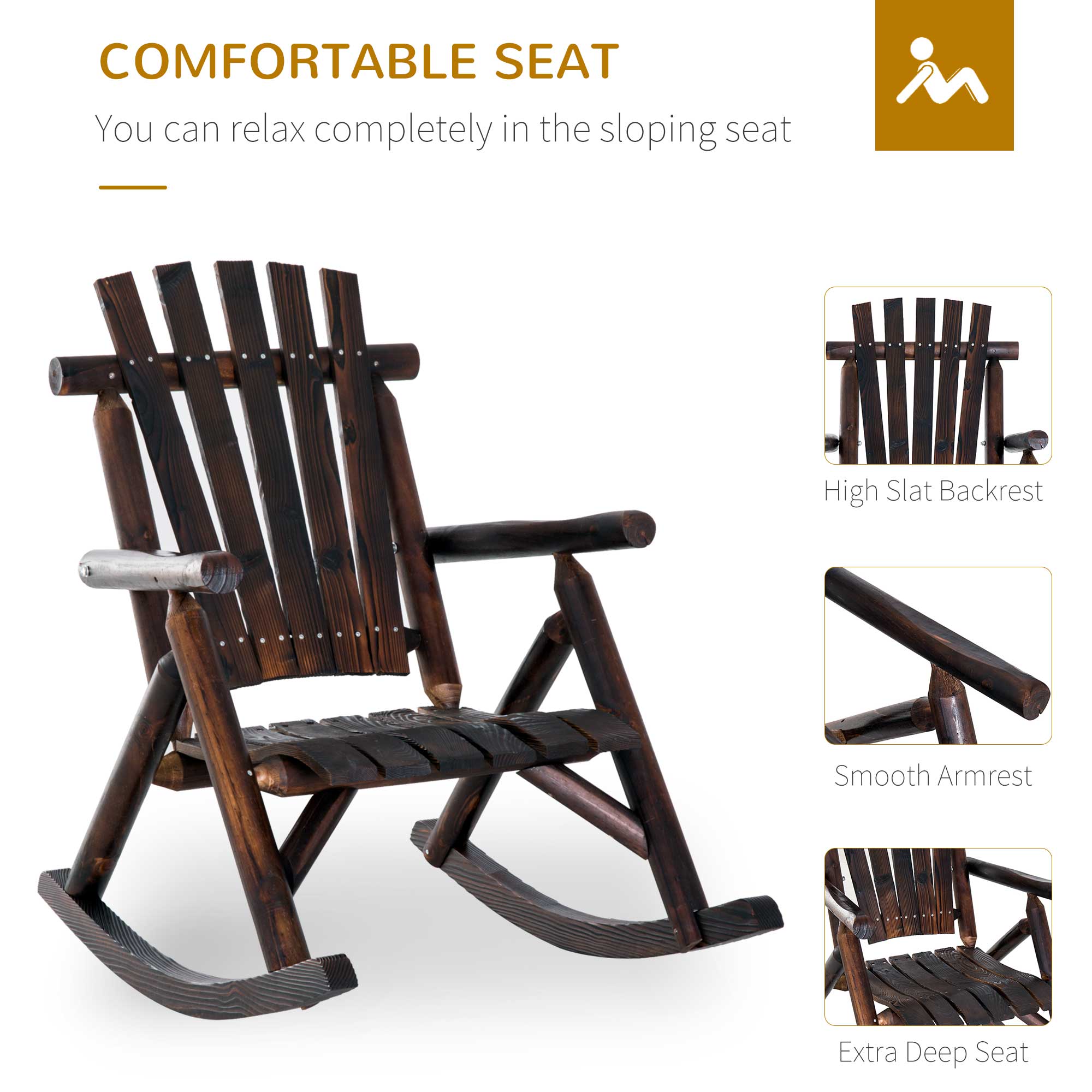 Outdoor Wooden Rocking Chair, Single-Person Rustic Adirondack Rocker with Slatted Seat, High Backrest, Armrests for Patio, Garden and Porch, Brown