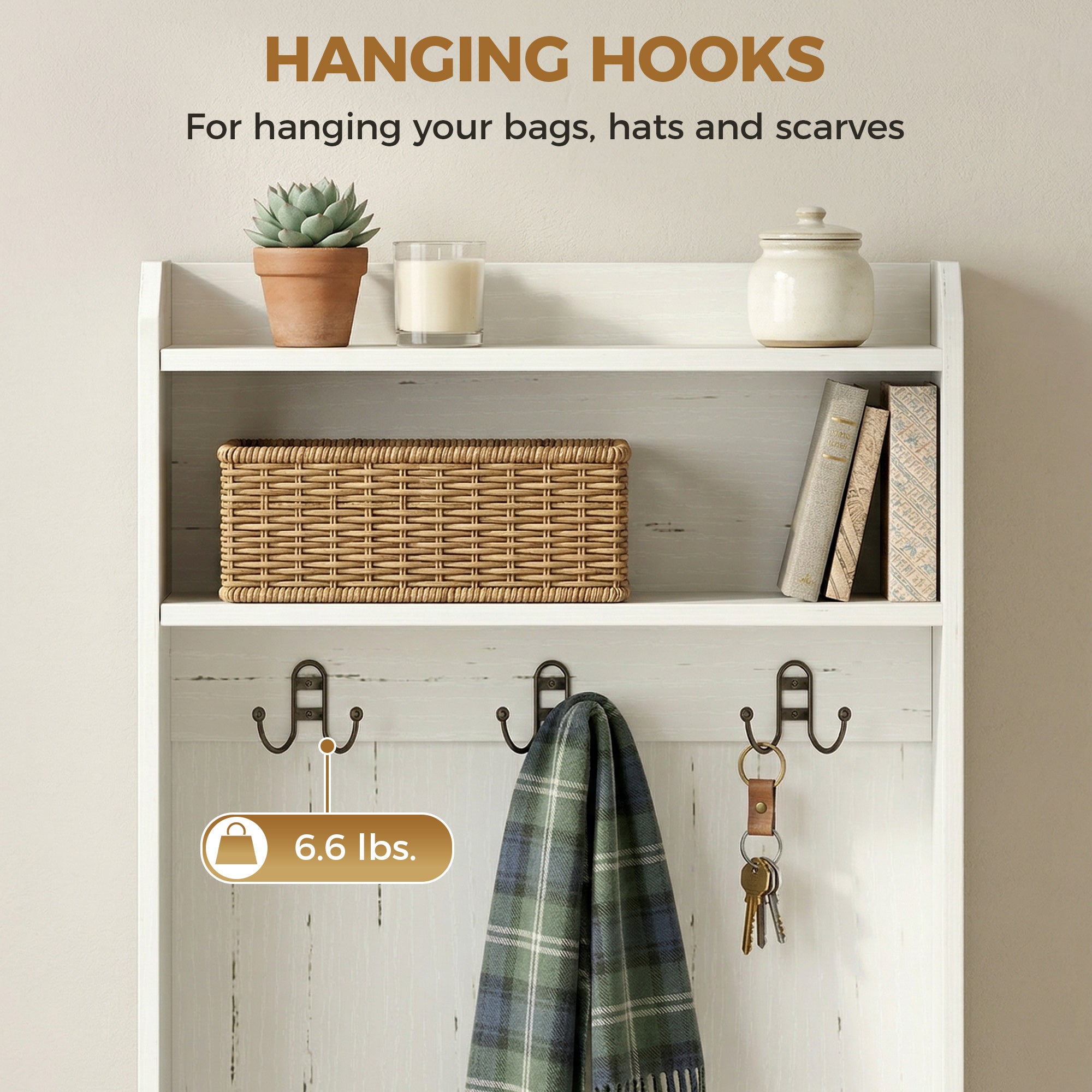 Narrow Hall Tree with Shoe Storage Bench, Rustic Entryway Bench with Coat Rack, Accent Coat Tree with Storage Shelves for Hallway, Mudroom, White Wood Grain