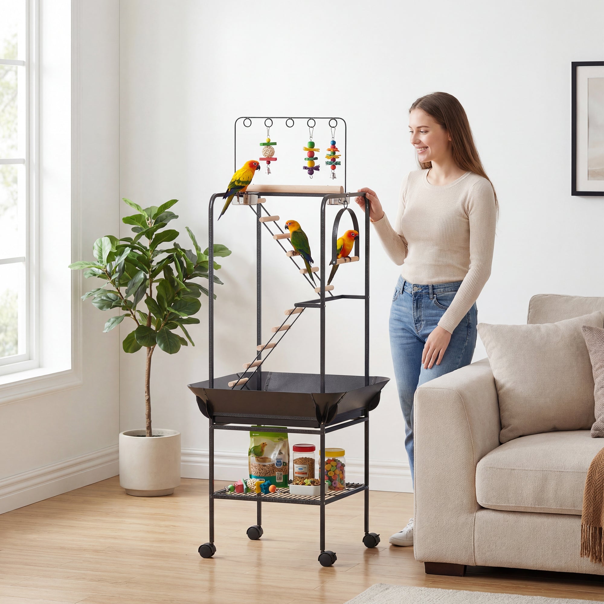 64"H Rolling Bird Playground Parrot Stand with Seed Guard & Wheels, Ladders, Swing, Toy Hook & Bowls