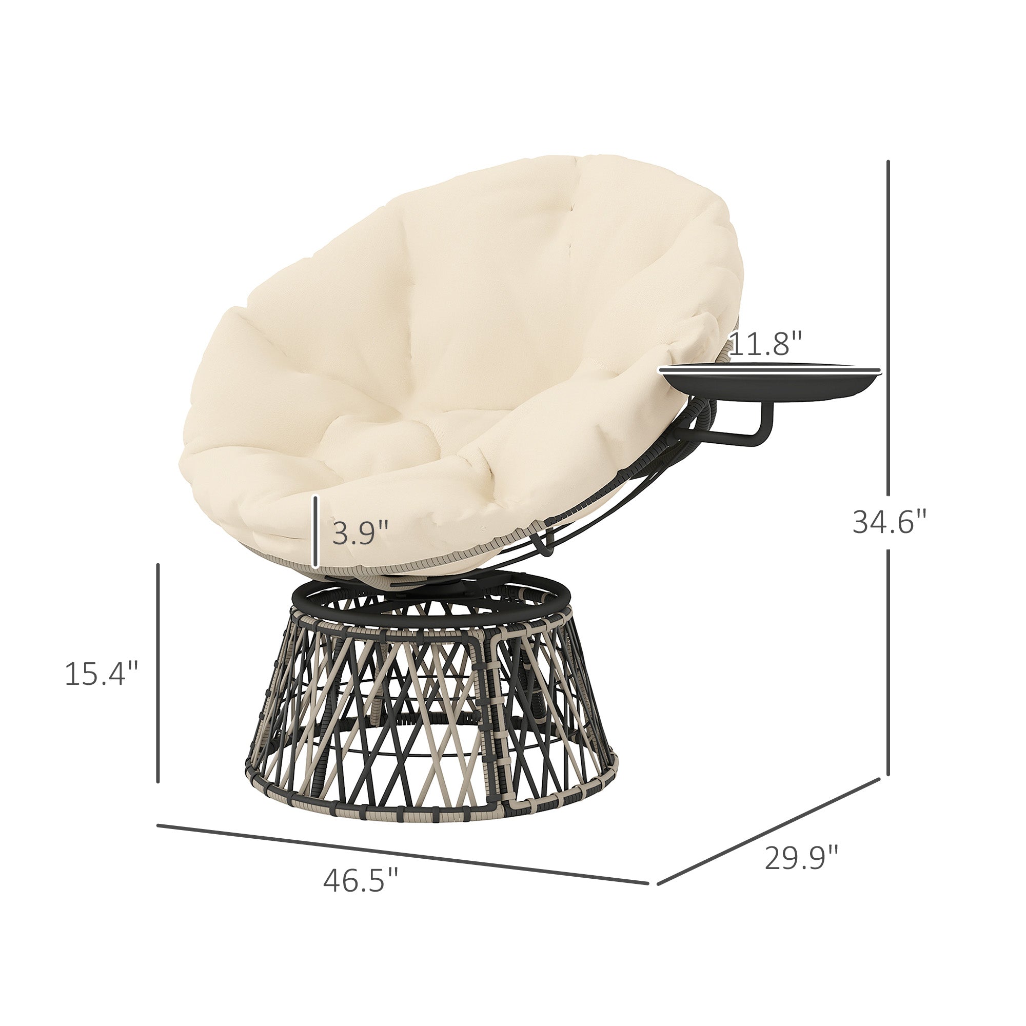 360° Swivel Outdoor Papasan Chair, 39" Overstuffed Circle Chair with Side Tray, Thick Cushion for Indoor Patio, Beige