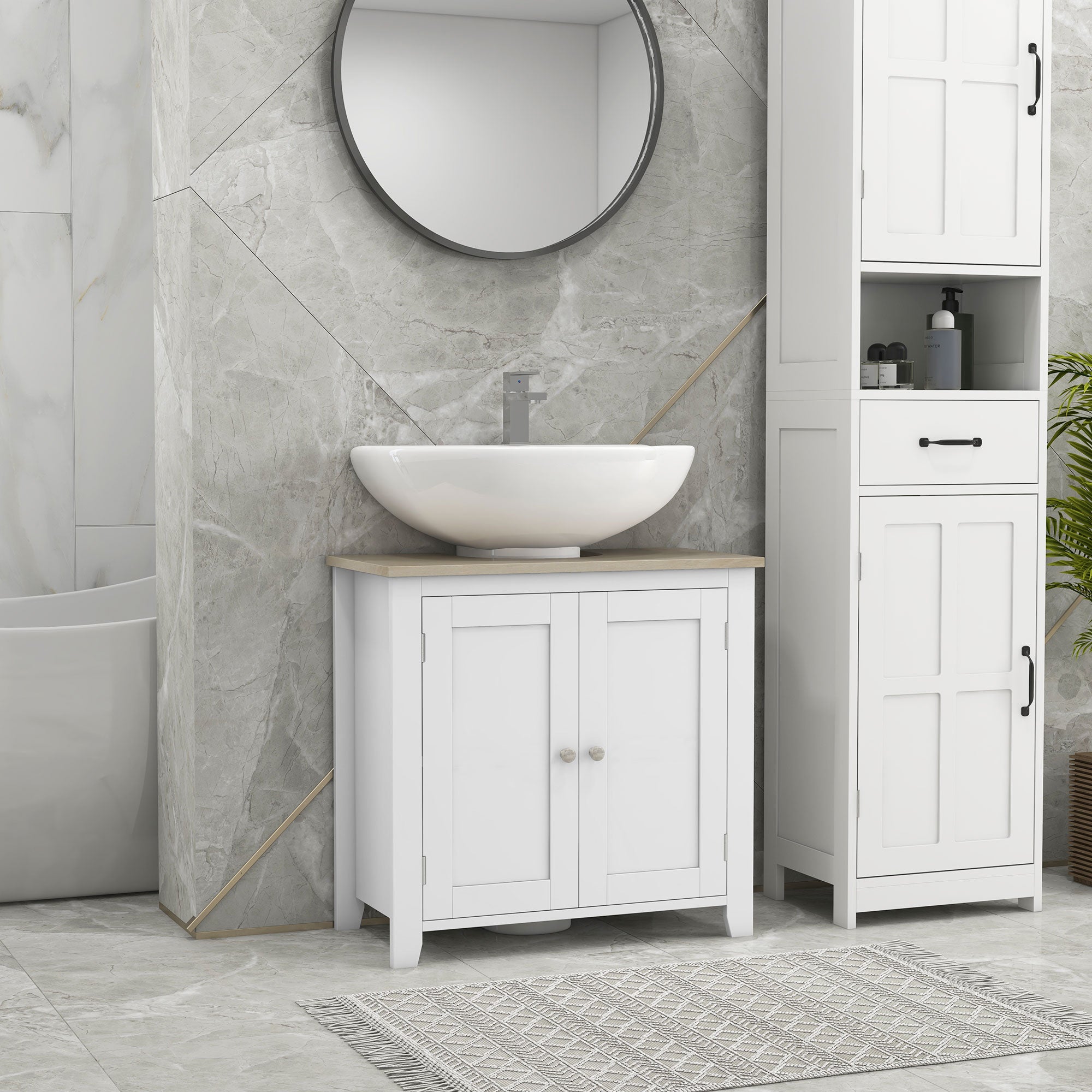 Pedestal Sink Storage Cabinet, Under Sink Cabinet with U-Shape and Adjustable Internal Shelf, White