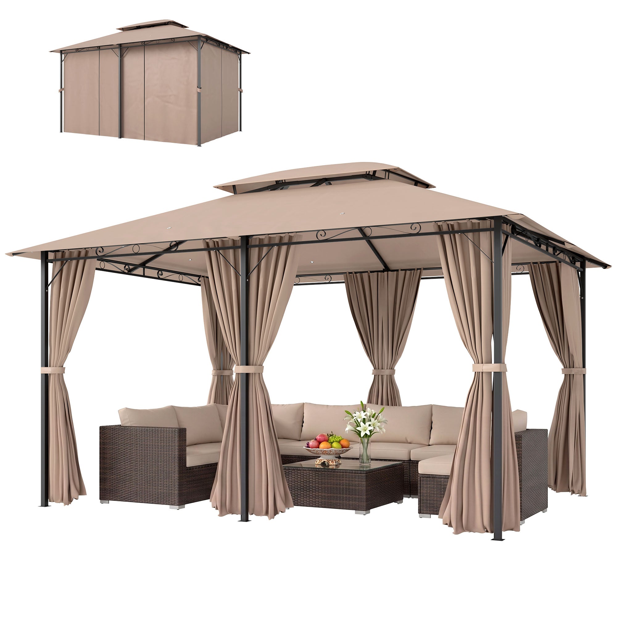 10' x 13' Patio Gazebo, Outdoor Gazebo Canopy Shelter with Curtains, Vented Roof, Steel Frame for Garden, Lawn, Backyard and Deck, Khaki