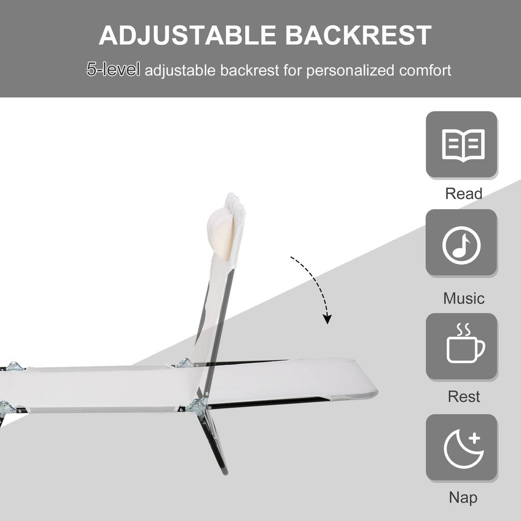 Folding Chaise Lounge Chair, Pool Sun Tanning Chair, Outdoor Lounge Chair with Reclining Back, Breathable Mesh Seat, Headrest for Beach, Yard, Patio, Cream White