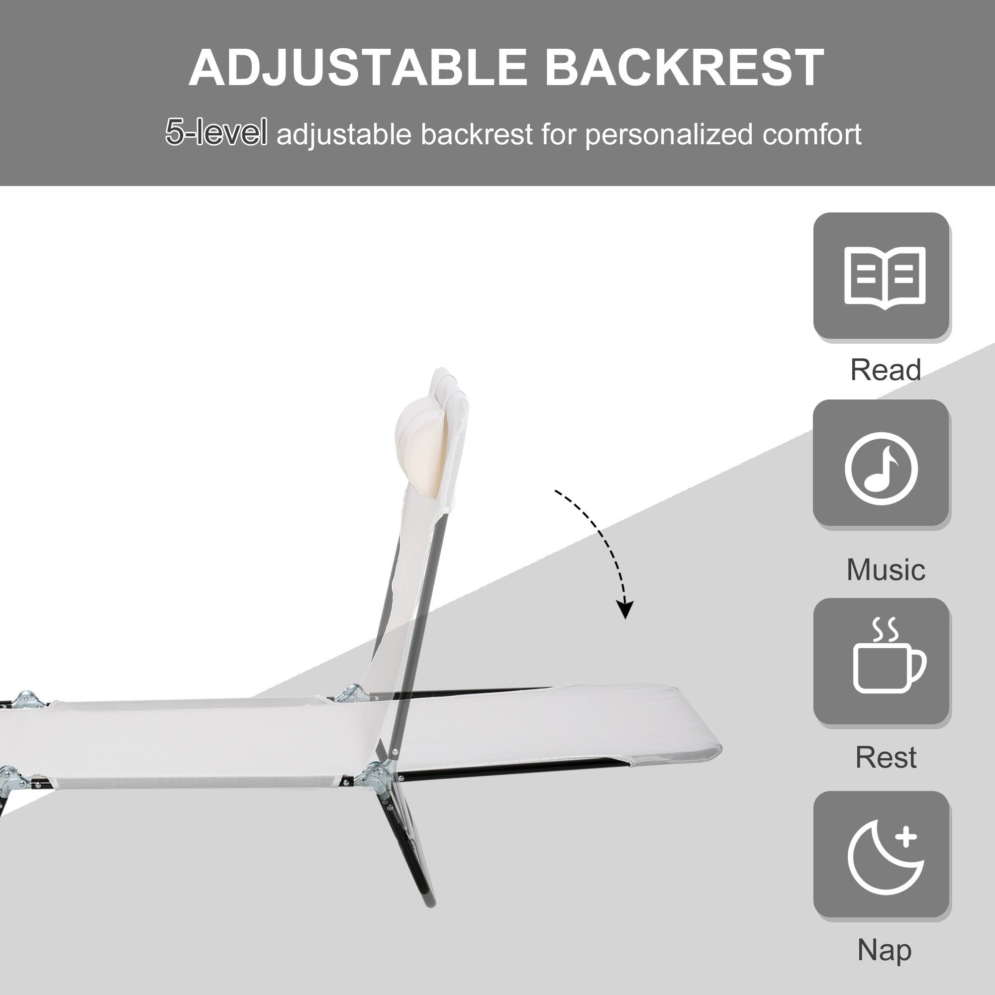 Folding Chaise Lounge Chair, Pool Sun Tanning Chair, Outdoor Lounge Chair with Reclining Back, Breathable Mesh Seat, Headrest for Beach, Yard, Patio, Cream White