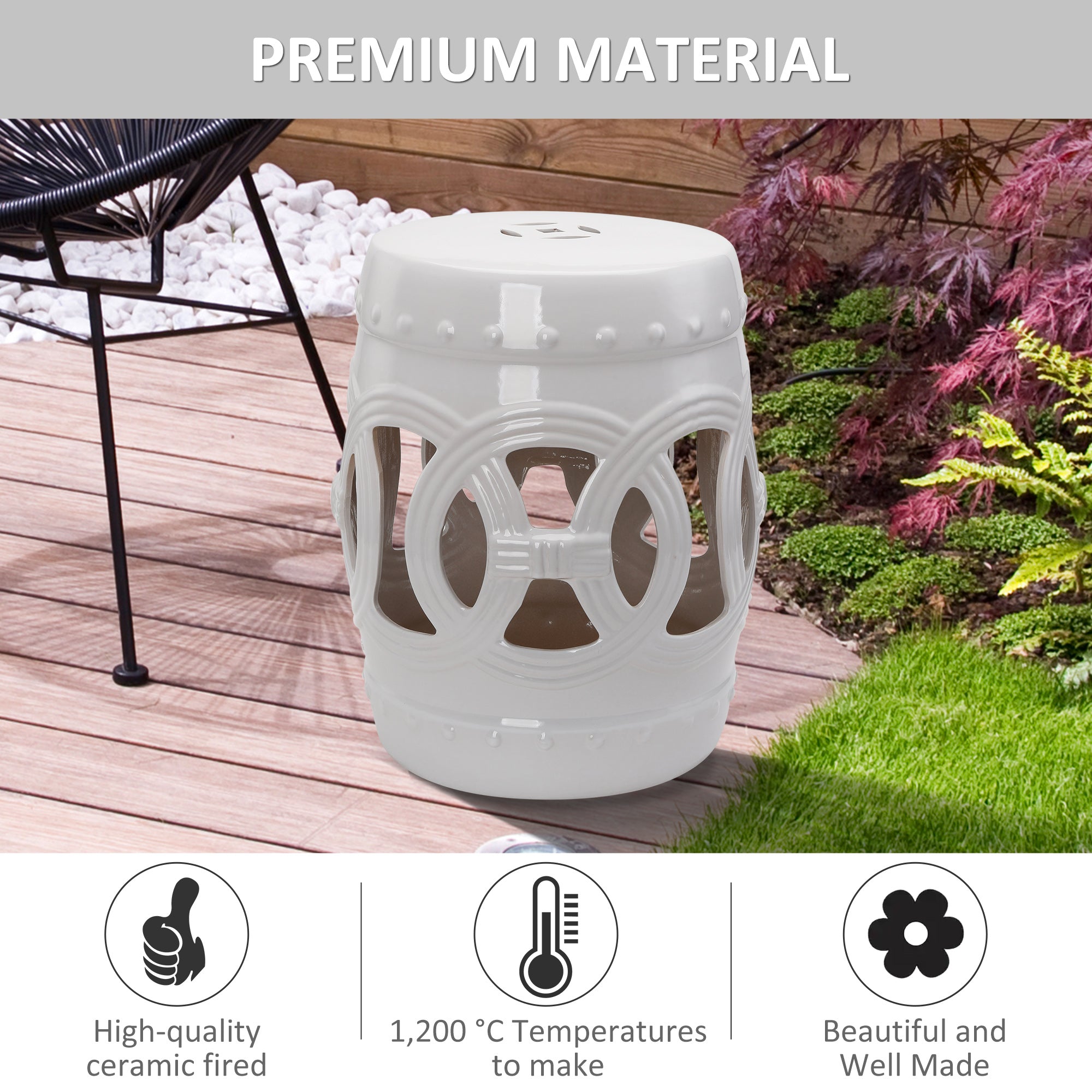 14" x 17" Ceramic Garden Stool with Double-Coin Knotted Ring Design & Strong Glazed Material, Decorative Outdoor Stool, Home Collection, White