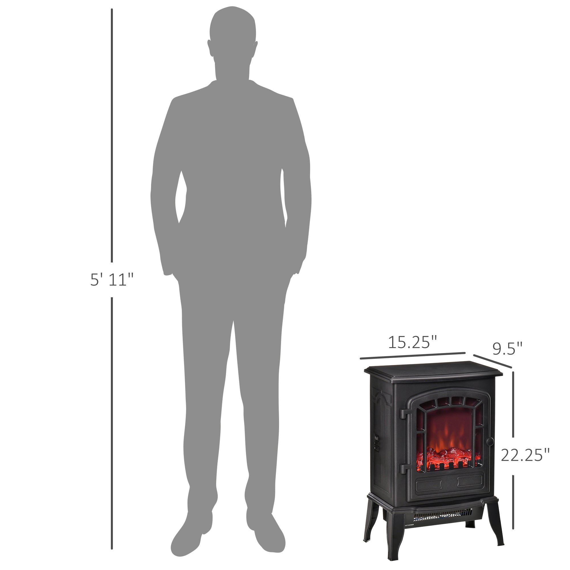 Electric Fireplace Heater, Freestanding Fireplace Stove with Realistic Flame Effect Overheat Protection 750W/1500W Black