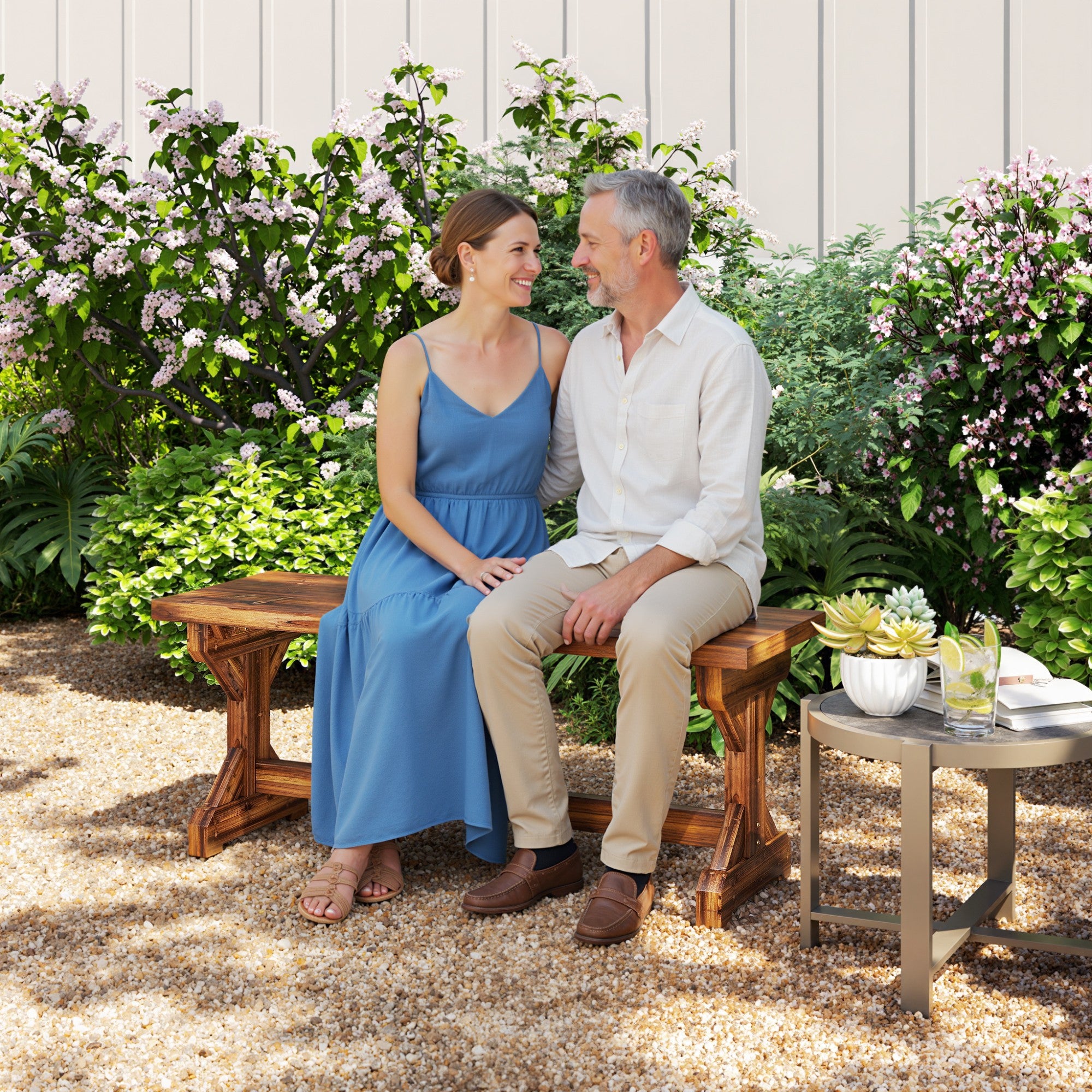 Rustic Outdoor Wooden Bench, Backless Garden Bench Patio Loveseat with X-Shape Base for Porch, Park, Carbonized
