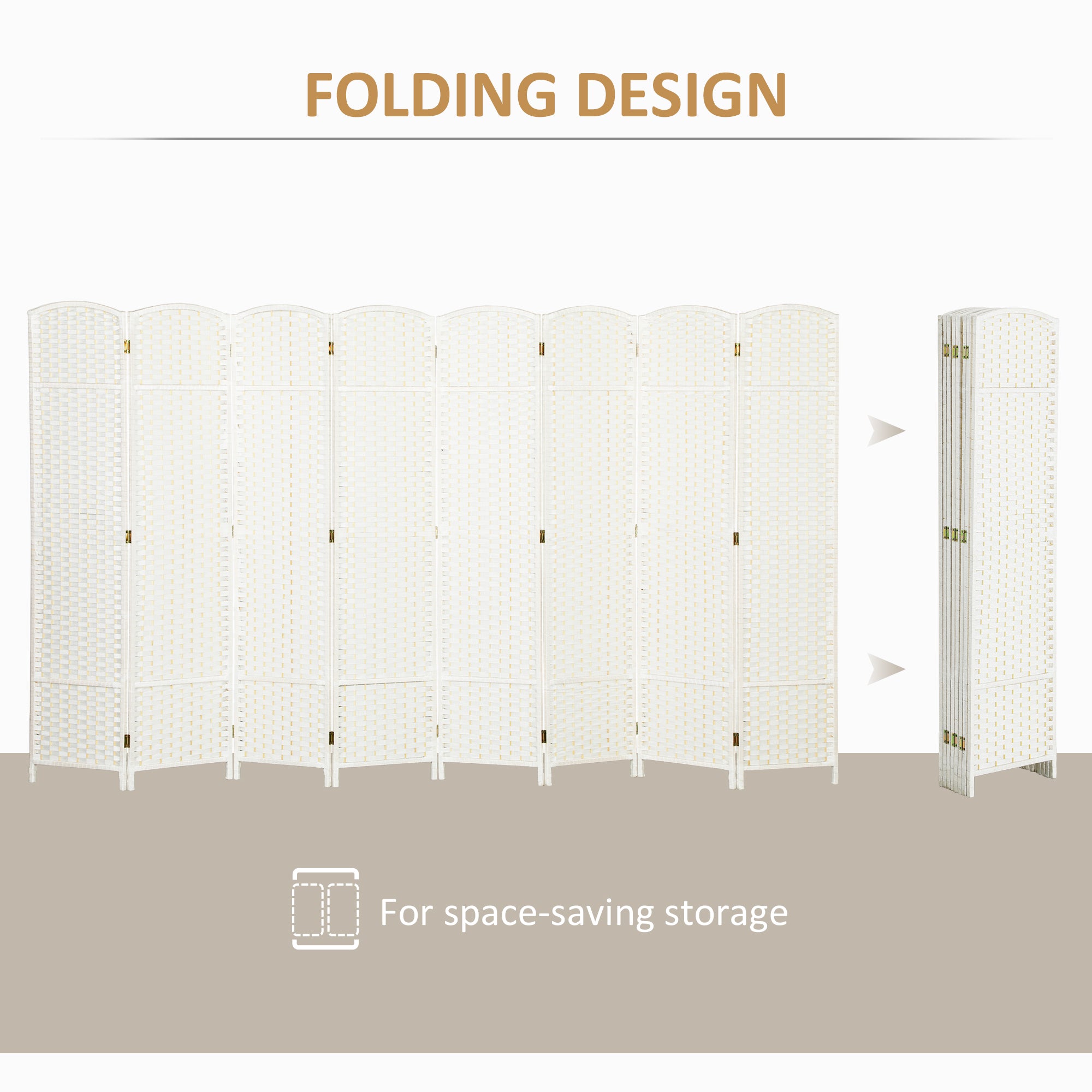 Folding Room Divider Screen 8 Panel 5.6 ' Tall Privacy Screen Freestanding Room Partition for Home Office, White