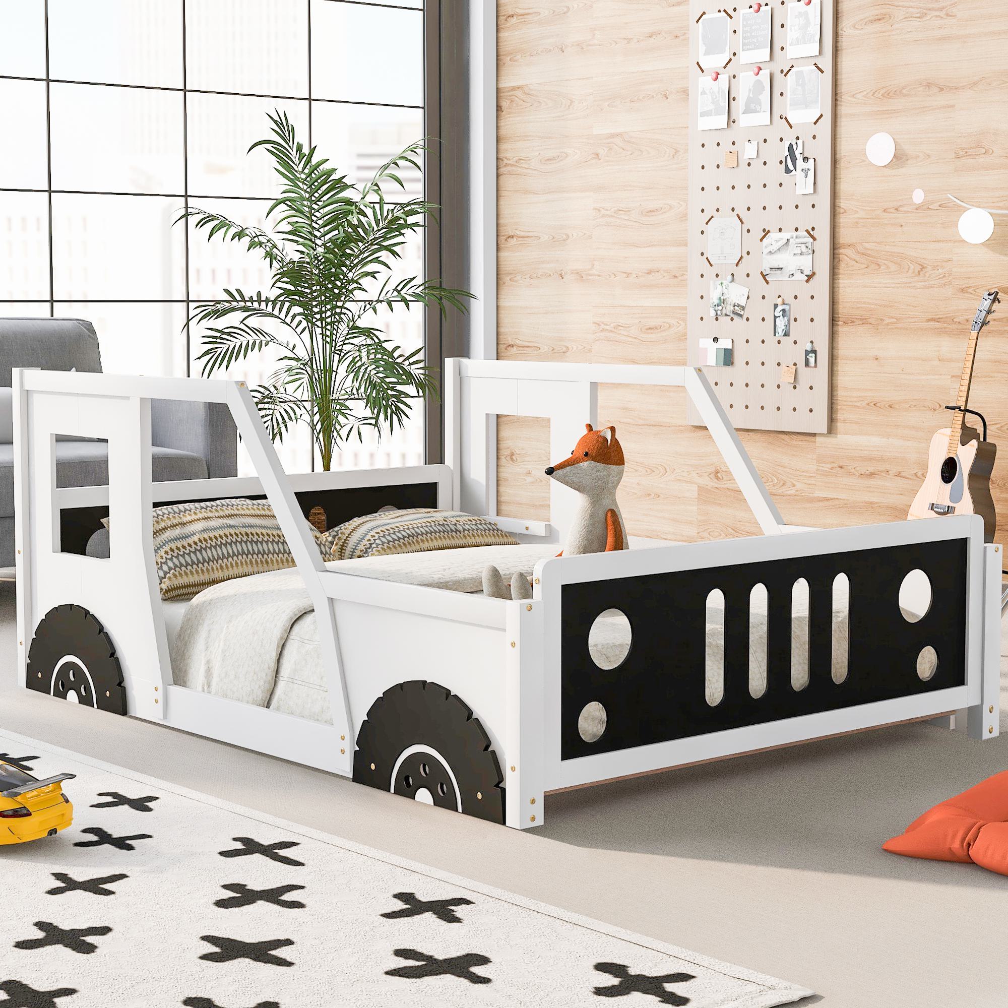Full Size Classic Car-Shaped Platform Bed with Wheels, Sturdy Pine Wood and MDF Frame, Easy Assembly, 77.5" L x 57" W x 32" H, White