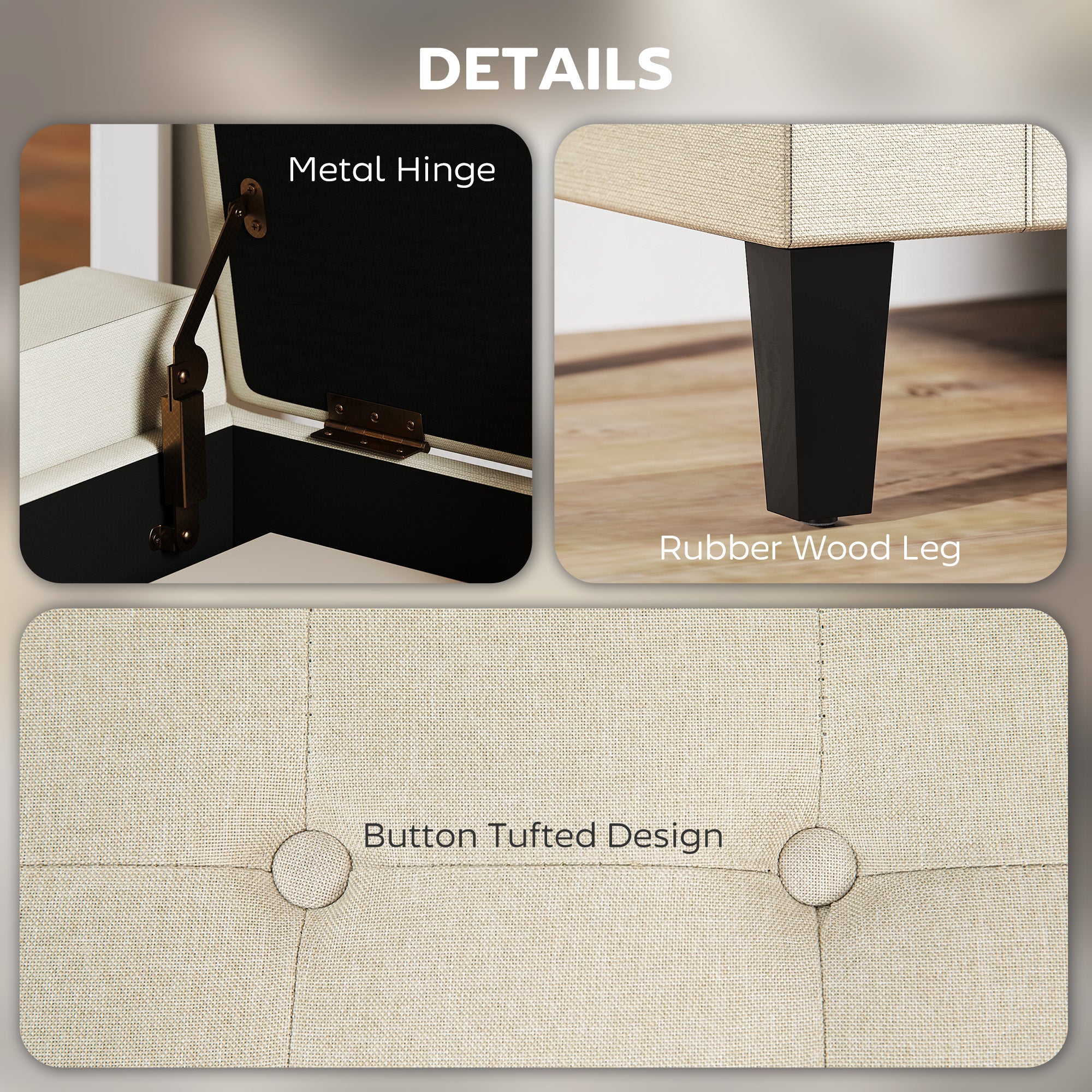36" Ottoman with Storage, Storage Ottoman Bench with Lift Top and Rubberwood Legs, Linen Upholstered Entryway Seat with for Living Room, Bedroom, Holds up to 330 lb, Beige