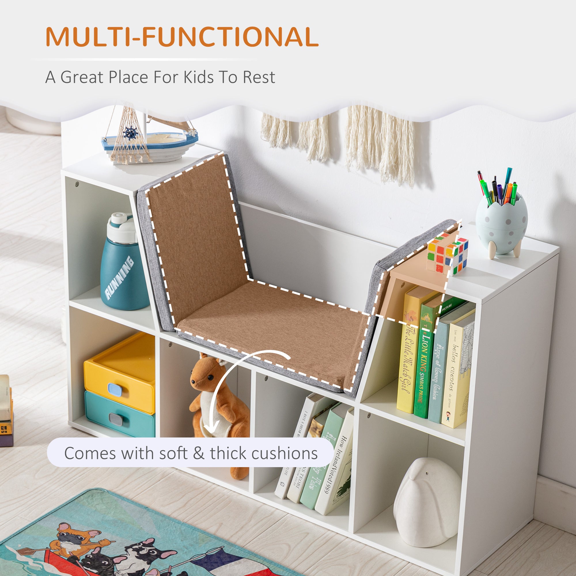 6-Cubby Kids Bookcase with Reading Nook and Cushion, Multi-Purpose Storage Organizer for Bedroom, Living Room, Pure White