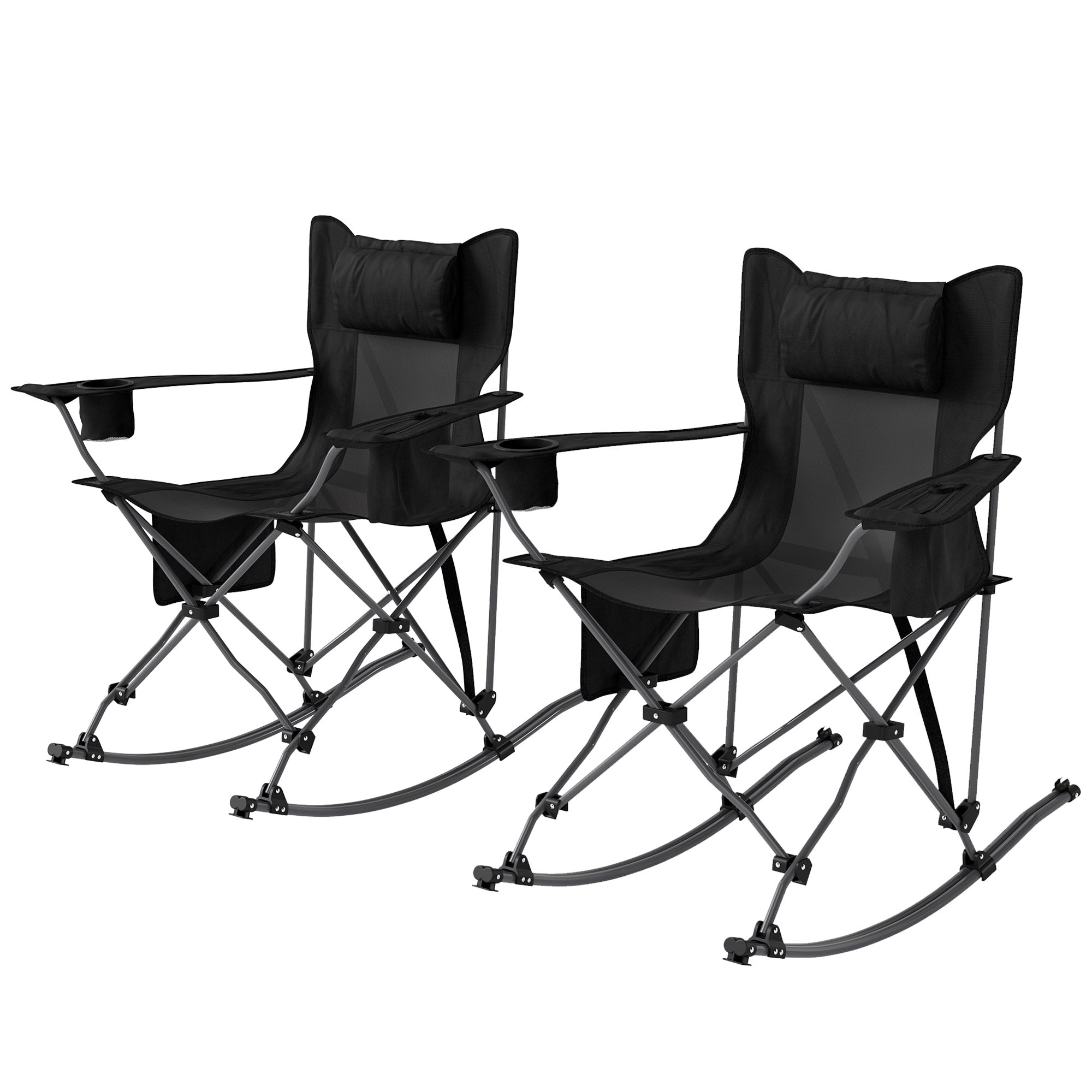 Folding Rocking Camping Chairs, Portable Chairs with Headrest, Cooler Bag, Cup Holder, Carry Bag, 2 Pack, Black