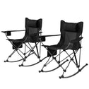 Folding Rocking Camping Chairs, Portable Chairs with Headrest, Cooler Bag, Cup Holder, Carry Bag, 2 Pack, Black
