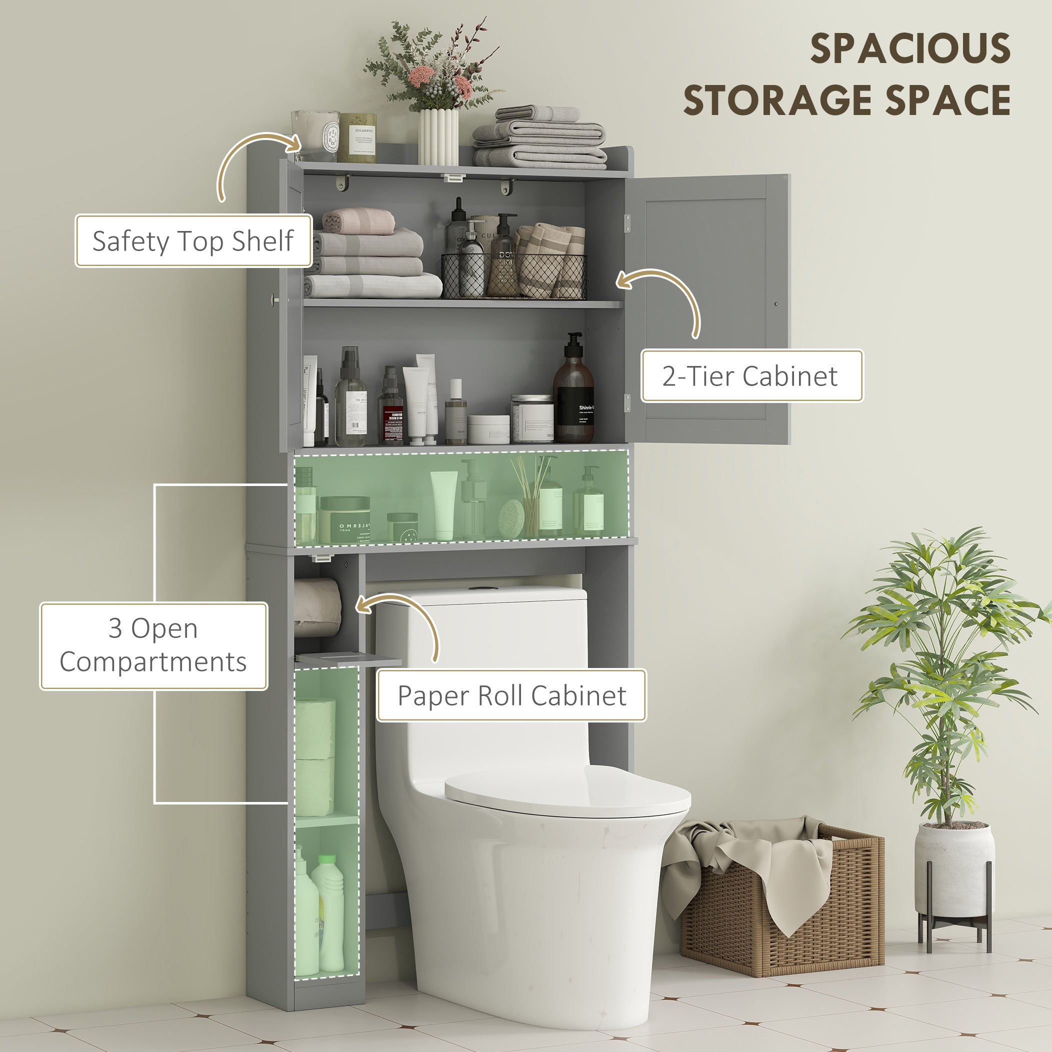 Modern Over the Toilet Storage Cabinet with 2 Doors, Above Commode Storage Cabinet with Toilet Paper Holder, Gray