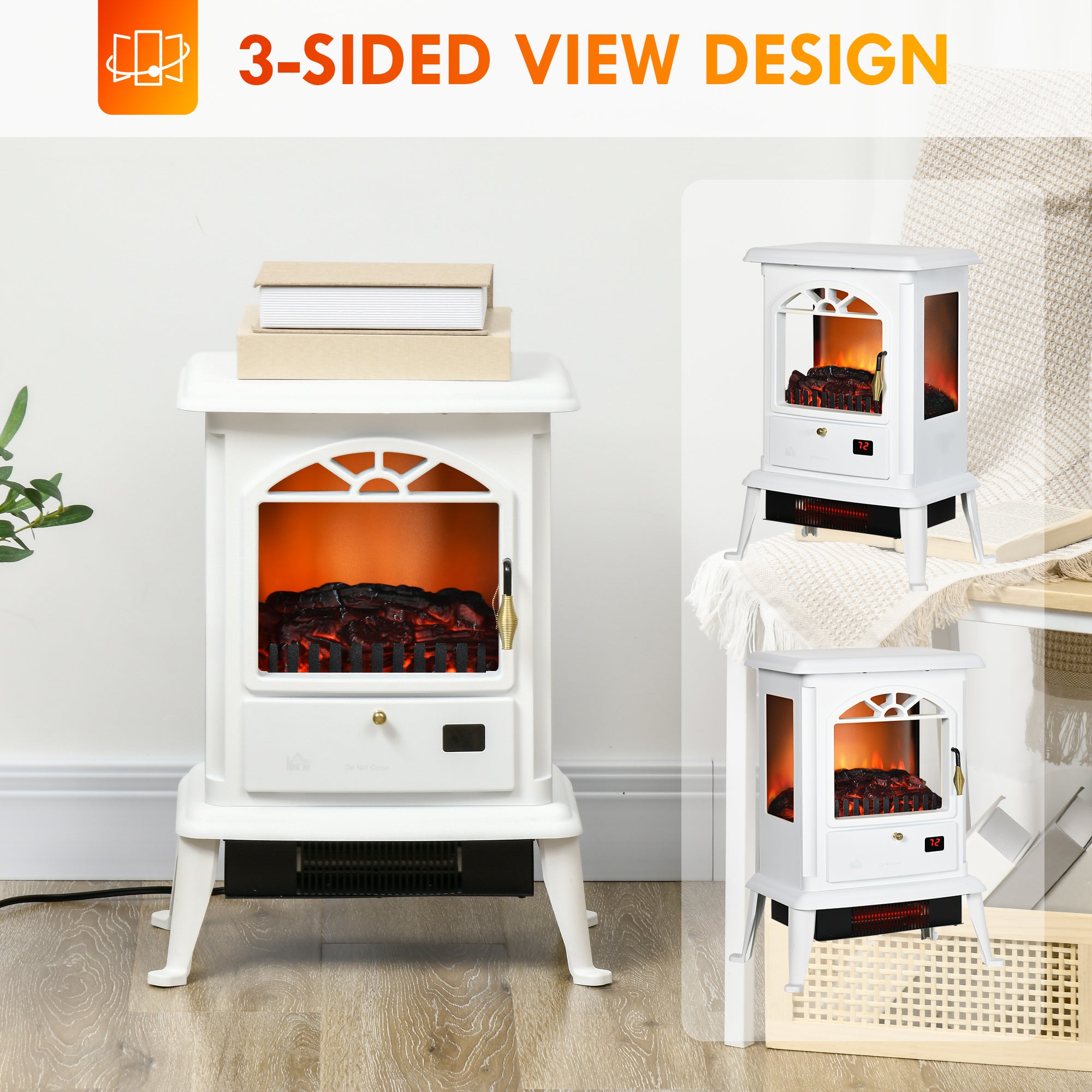 23" Electric Infrared Fireplace Stove, Freestanding Fire Place Heater with Realistic Log Flame, Adjustable Temperature, Timer, 1000W/1500W, White