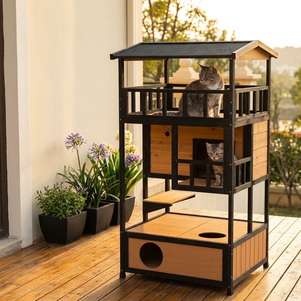 Wooden Outdoor Cat House, Feral Cat Shelter Kitten Condo with Asphalt Roof, Escape Doors, Condo, Jumping Platform, Yellow