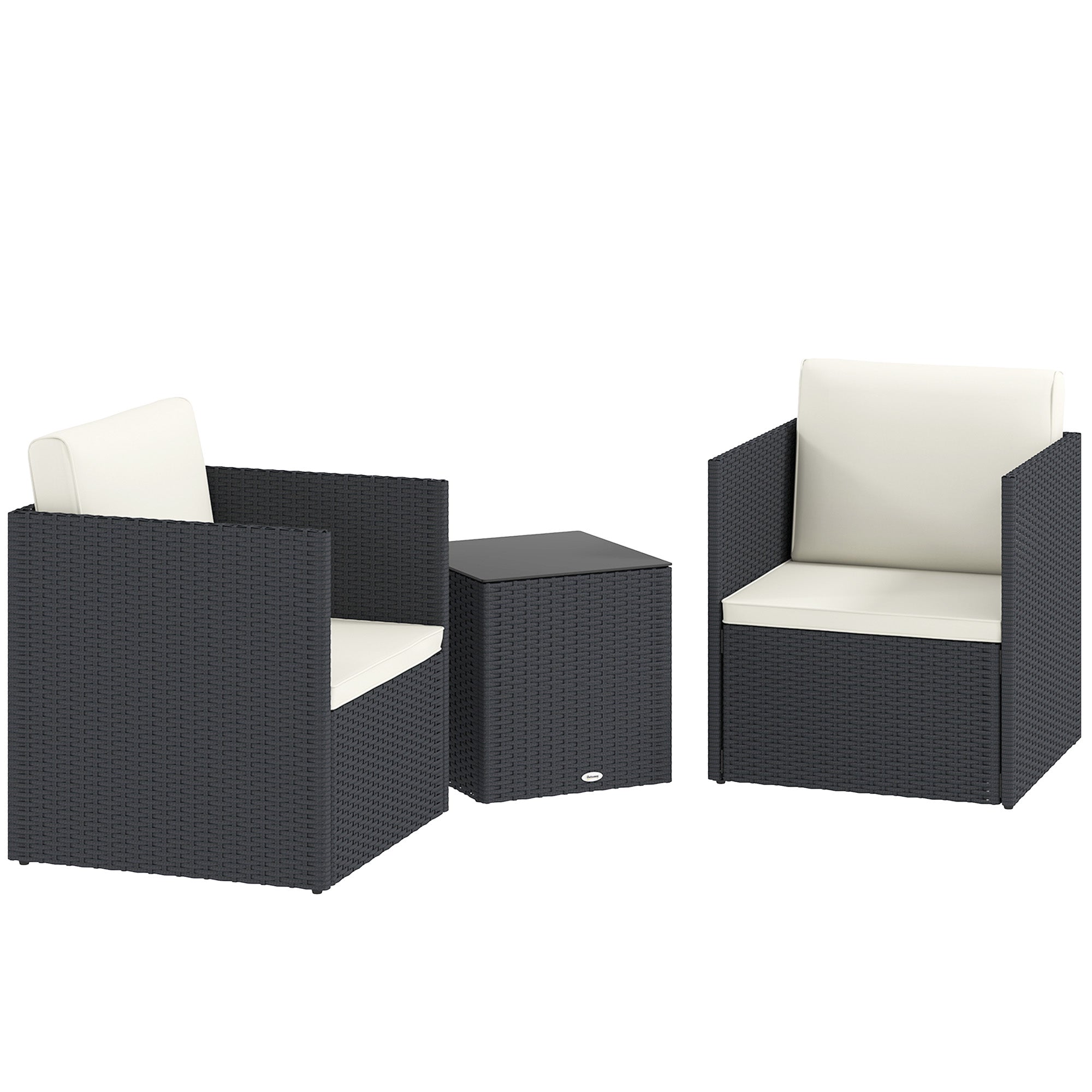 Folding Wicker Bistro Set, 3 Piece Patio Furniture Set with Cushions and Glass Coffee Table for Porch, Balcony, Black