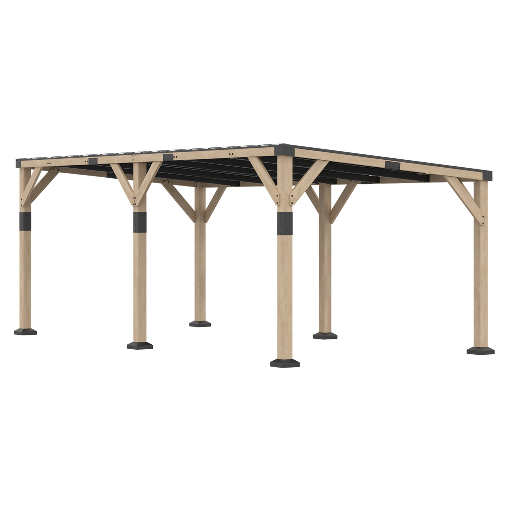 10' x 20' Wooden Gazebo, Hardtop Lean-to Gazebo Pergola with Galvanized Steel Sloped Roof, Light Walnut