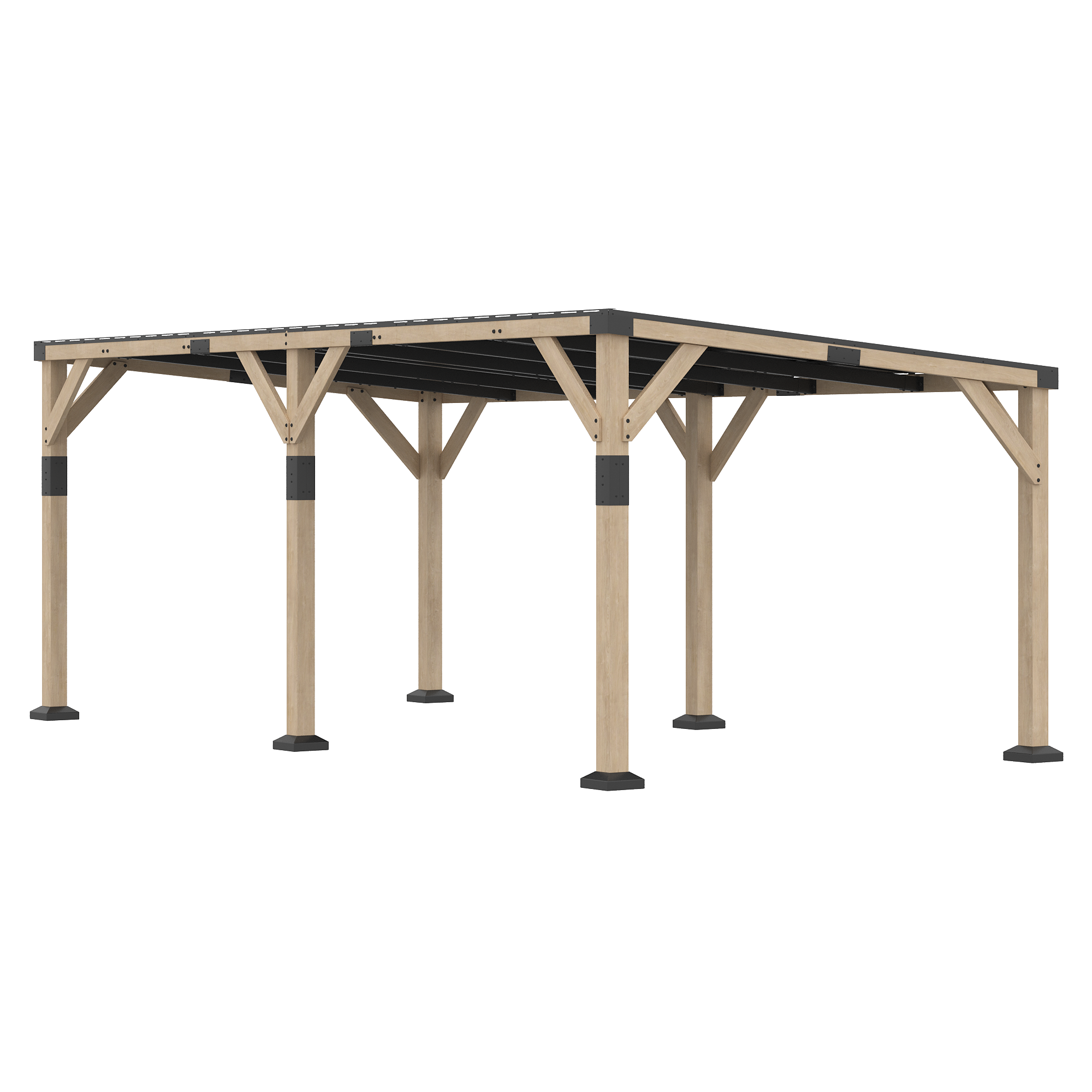 10' x 20' Wooden Gazebo, Hardtop Lean-to Gazebo Pergola with Galvanized Steel Sloped Roof, Light Walnut
