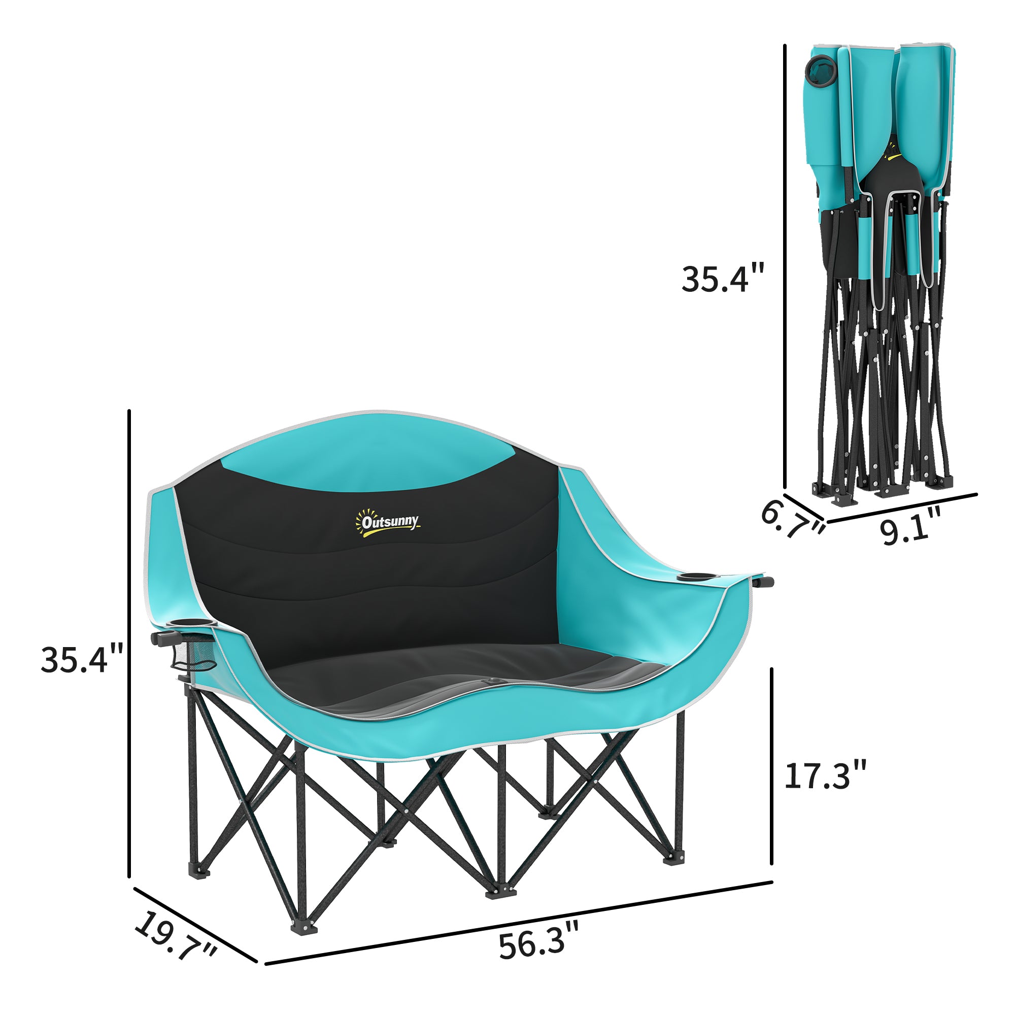 Padded Folding Camp Chair for Adults, Double Camping Chair with Armrests, Cup Holders, Carry Bag for Outdoor, Green