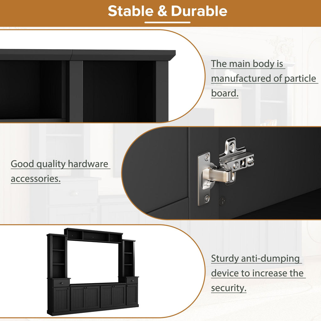 Minimalist Storage TV Stand for TVs Up to 75" with Adjustable Shelves, Entertainment Wall Unit Set for Living Room, 103" L x 15" W x 77" H, Black