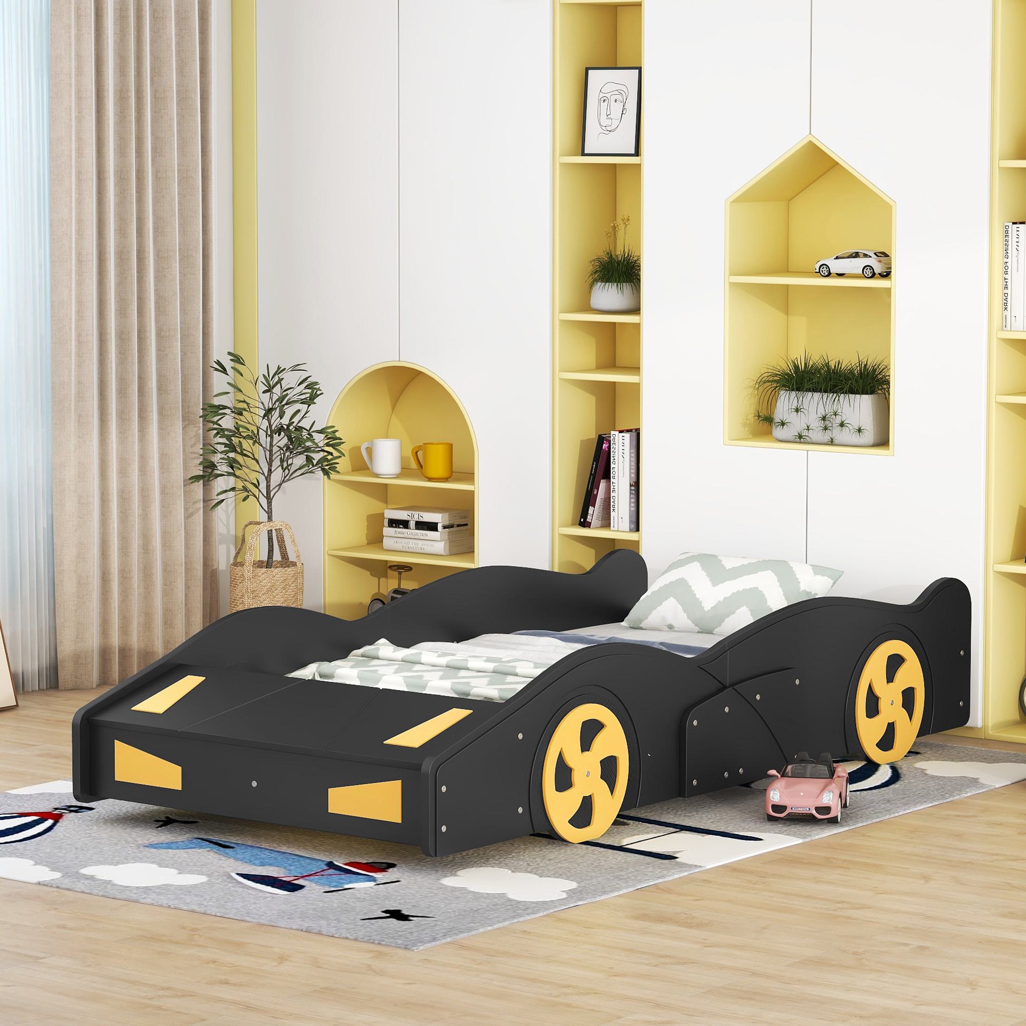 Twin Size Race Car-Shaped Platform Bed with Wheels and Storage, Solid Wood and MDF, 90.5" L x 40" W x 15.5" H, Black