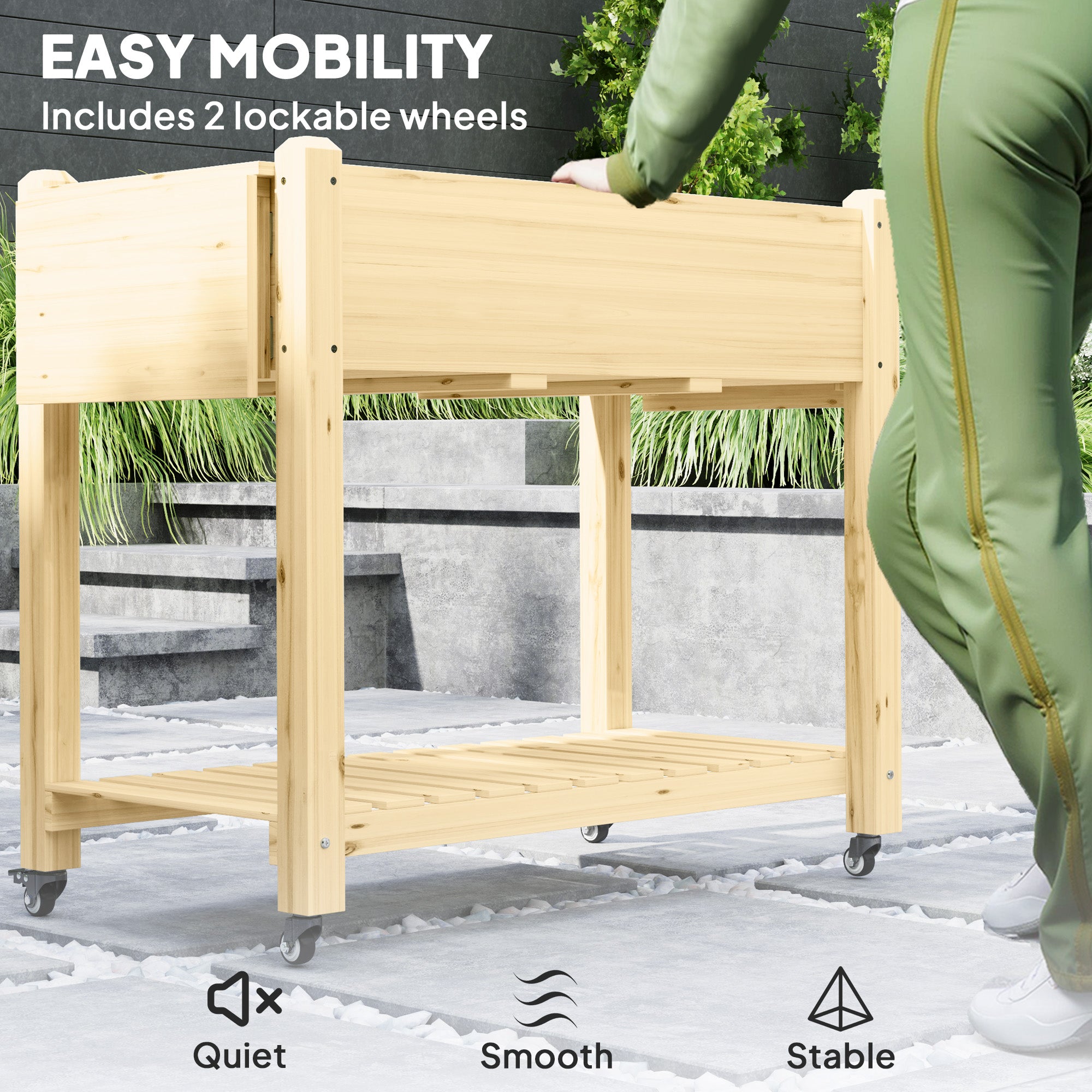 Wood Raised Planter Box, Elevated Garden Bed with Lockable Wheels, Side Tables, Bottom Shelf, Drain Holes, Natural