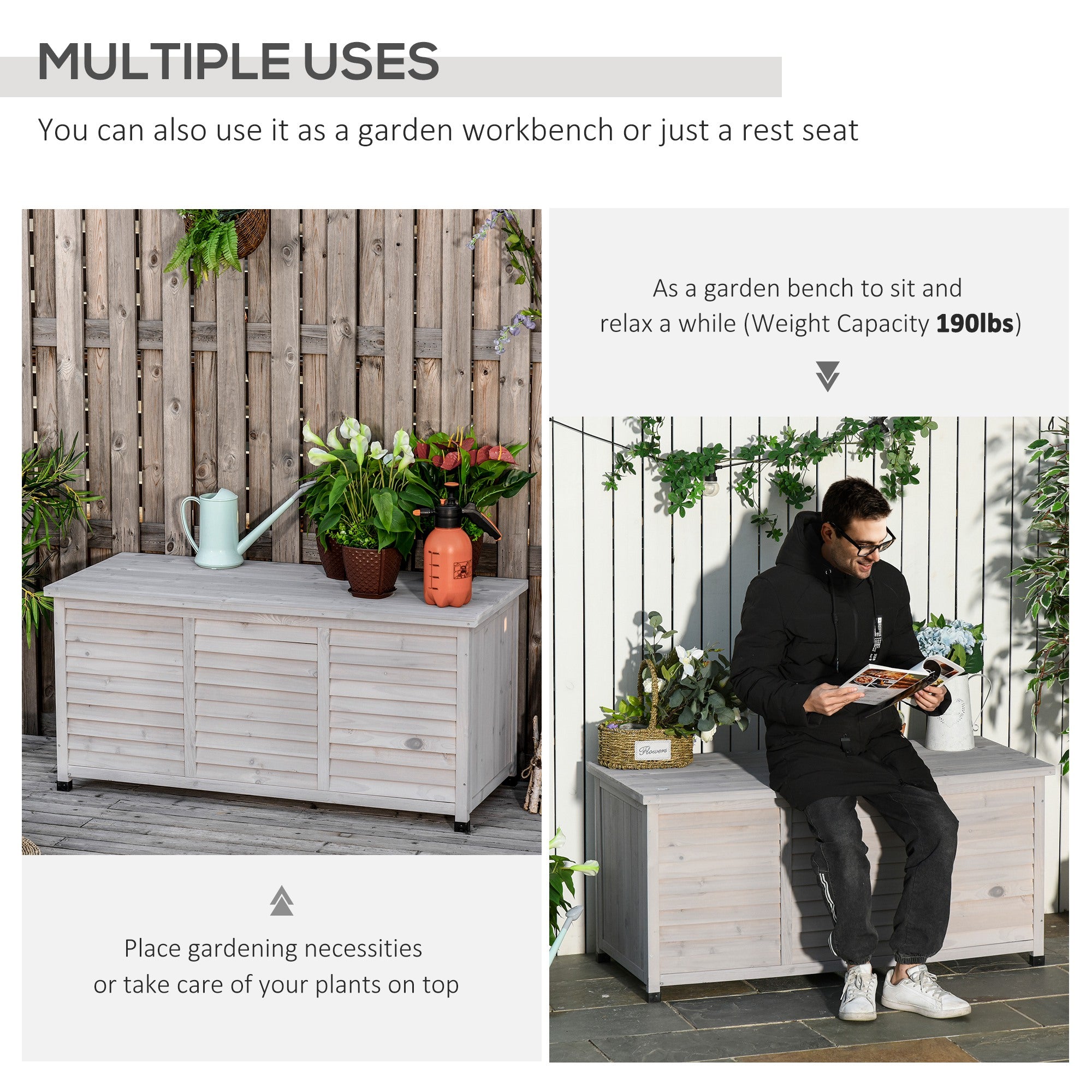 75 Gallon Wooden Deck Box, Outdoor Storage Container with Aerating Gap & Weather-Fighting Finish, Grey