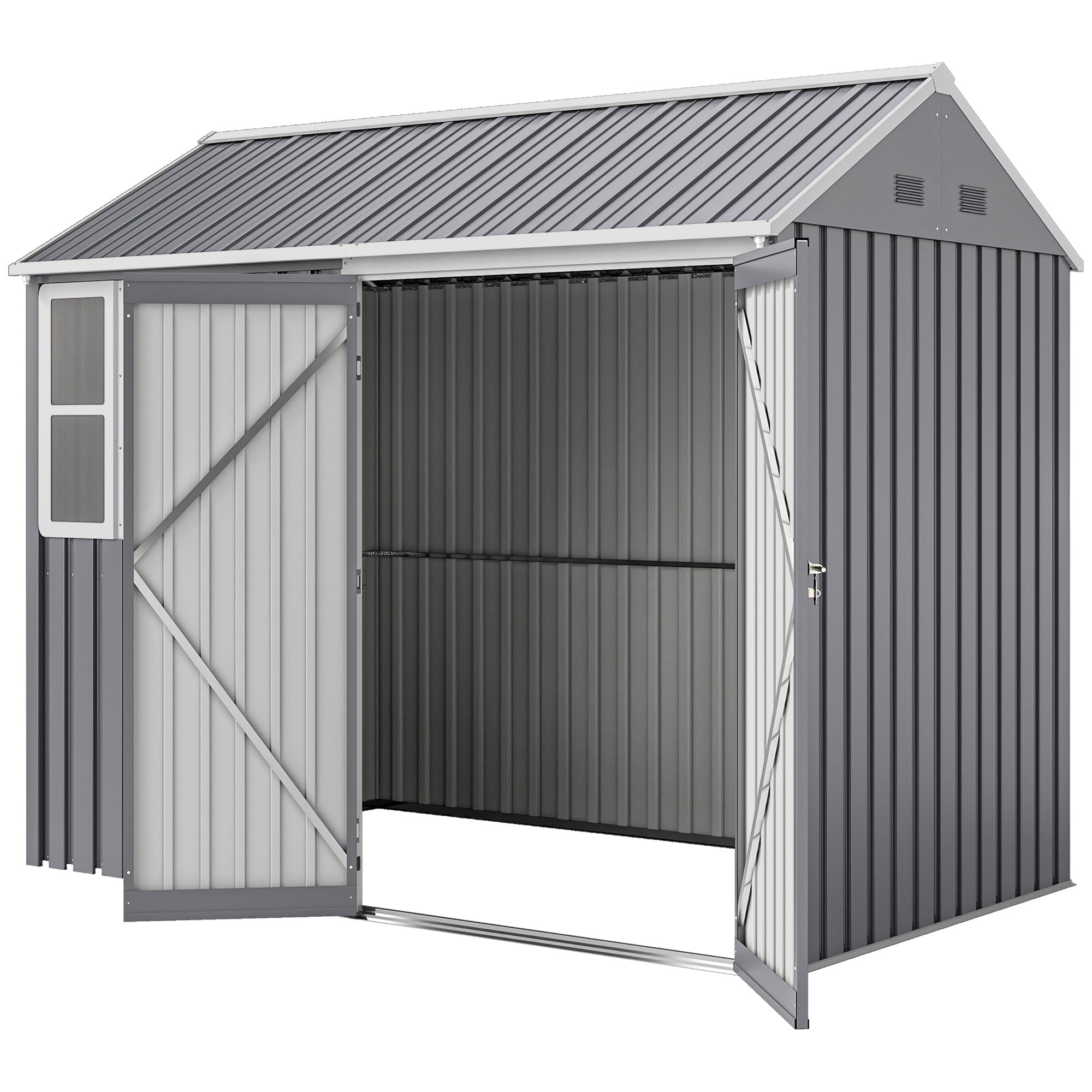 8' x 5.5' Metal Garden Storage Shed, Extra Large Outdoor Tool Storage House w/Lockable Doors, Window, Air Vents, Gray
