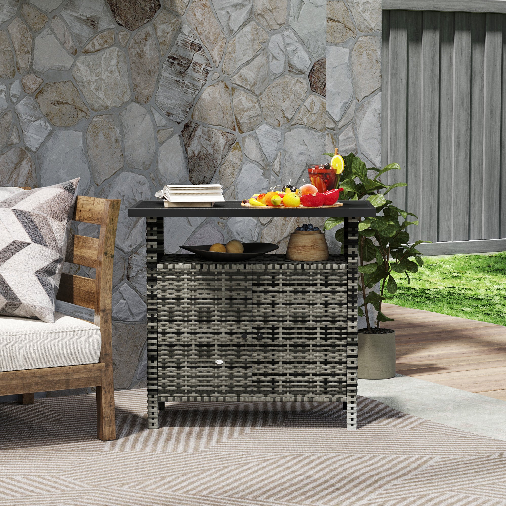 Wicker Outdoor Storage Cabinet with Two Doors and Shelf for Outdoor Pool Towel Storage, Mixed Gray
