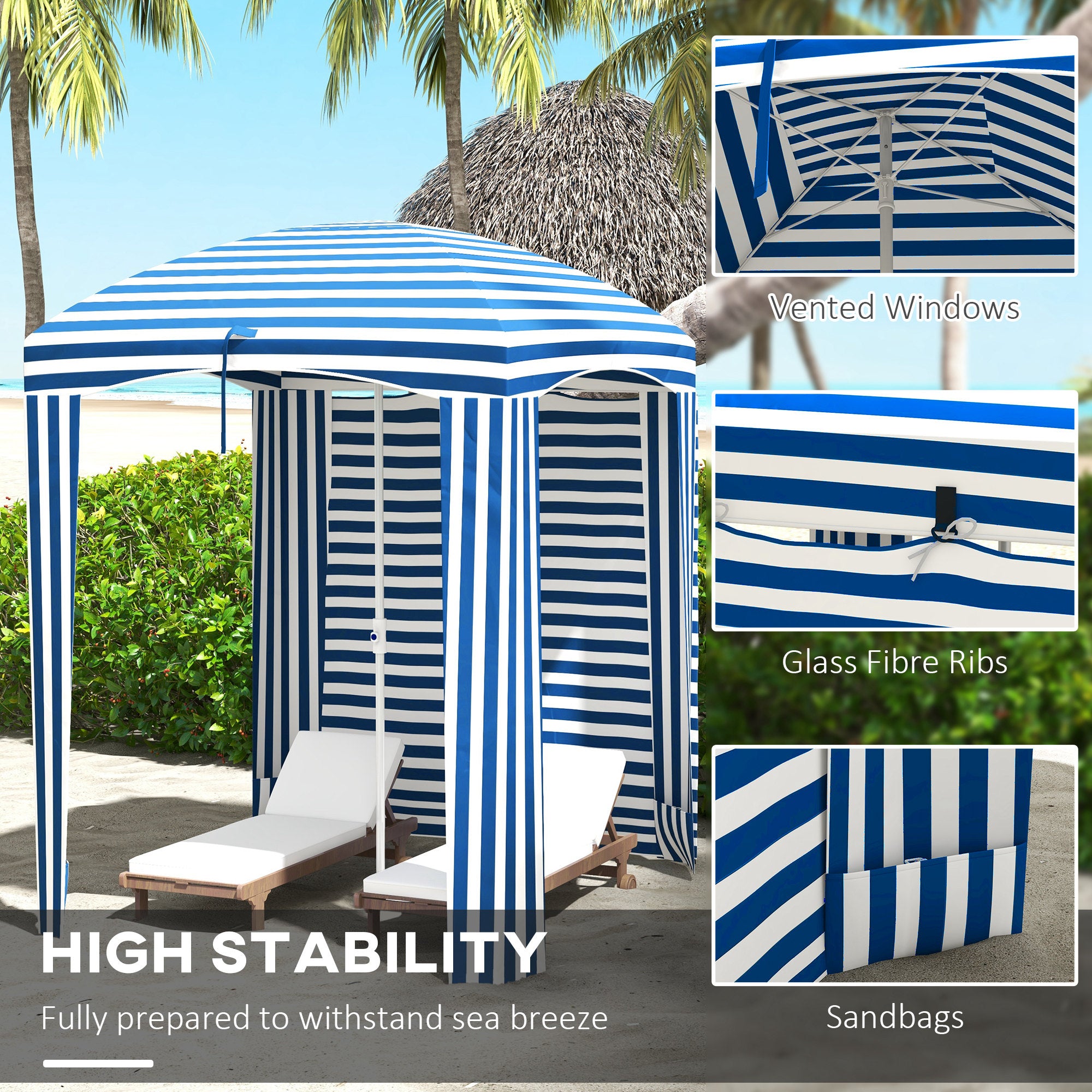 5.8' x 5.8' Cabana Umbrella with Walls, Vents, Ruffles, Carry Bag, Beach Umbrella, Blue White Stripe