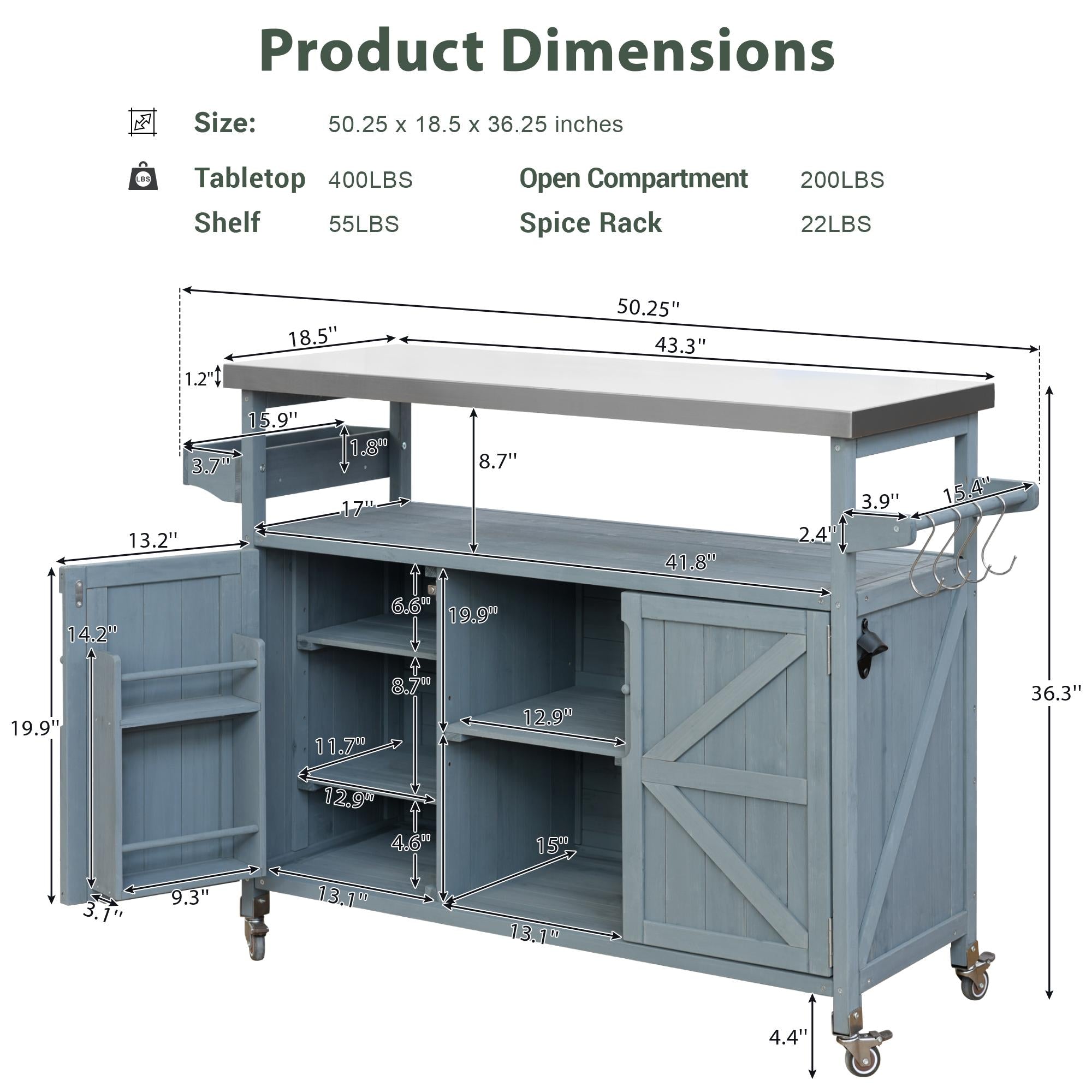 Outdoor Kitchen Island with Spice and Towel Rack, Lockable Wheels, Rolling Bar Cart with Stainless Steel Top, 50" L x 18.5" W x 36.5" H, Slate Blue