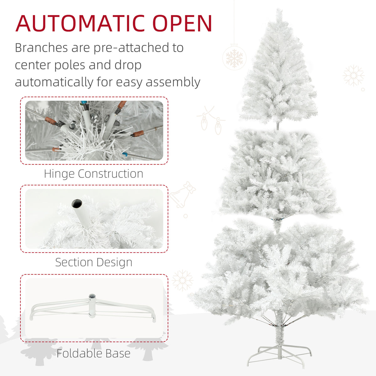 9ft Unlit Artificial White Christmas Tree, Holiday Decor with 2132 Branch Tips, Auto Open and Steel Base