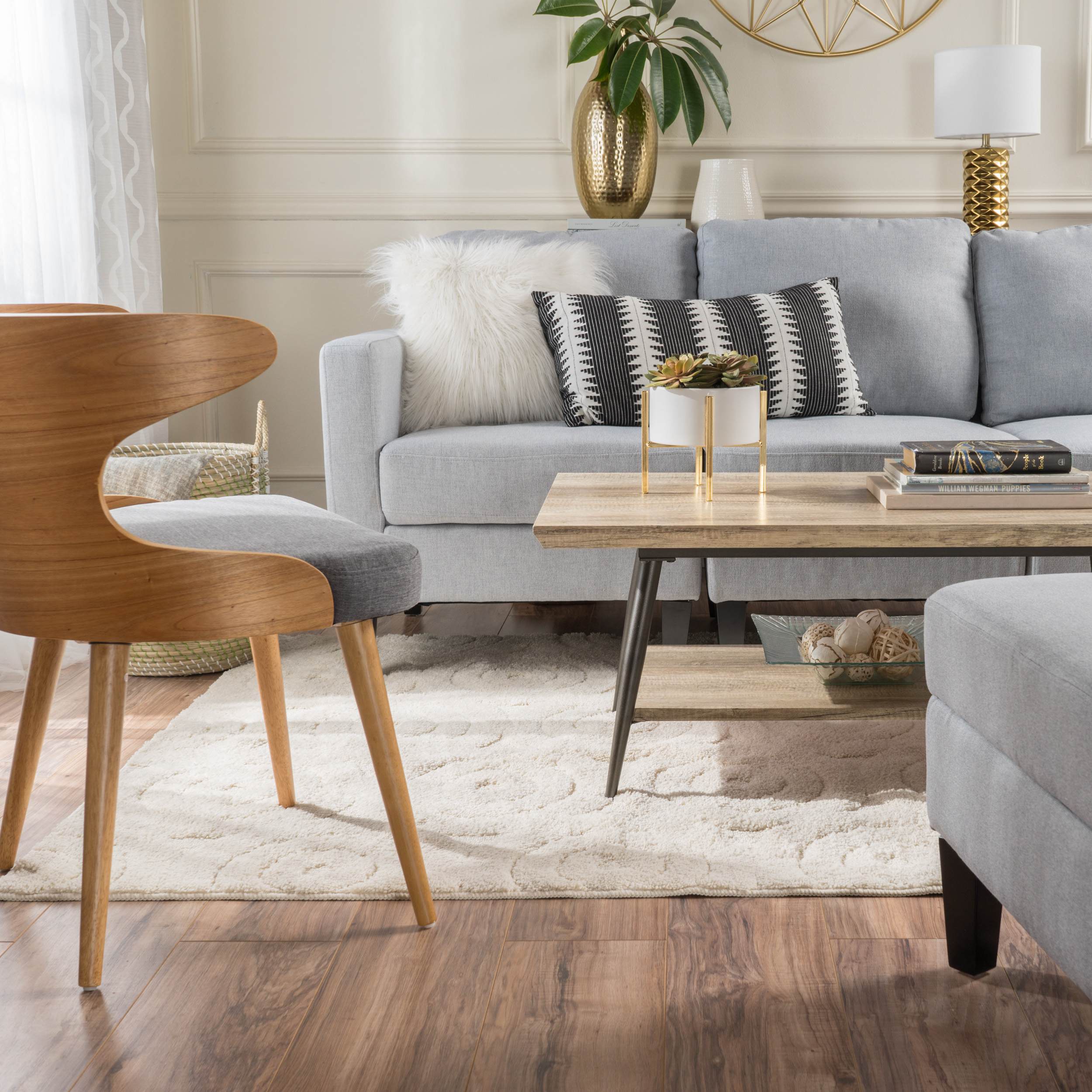 Mid-Century Coffee Table with Lower Shelf, Powder-Coated Steel Legs, MDF with Veneer, 43.25" L x 23.5" W x 17" H, Grey